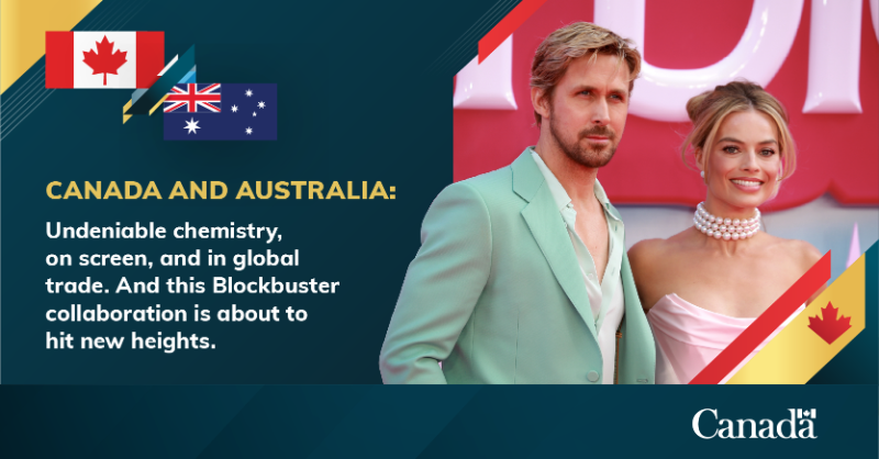 CanadaTrade's tweet photo. 🎥 Canadian Ryan Gosling and Australian Margot Robbie nailed their chemistry in Barbie—just like Canada and Australia in trade! 🇨🇦🤝🇦🇺 

This year, the Team Canada Trade Mission to Australia is taking this blockbuster partnership to new heights. 🌏✨ 

#GoTeamCanadaTrade