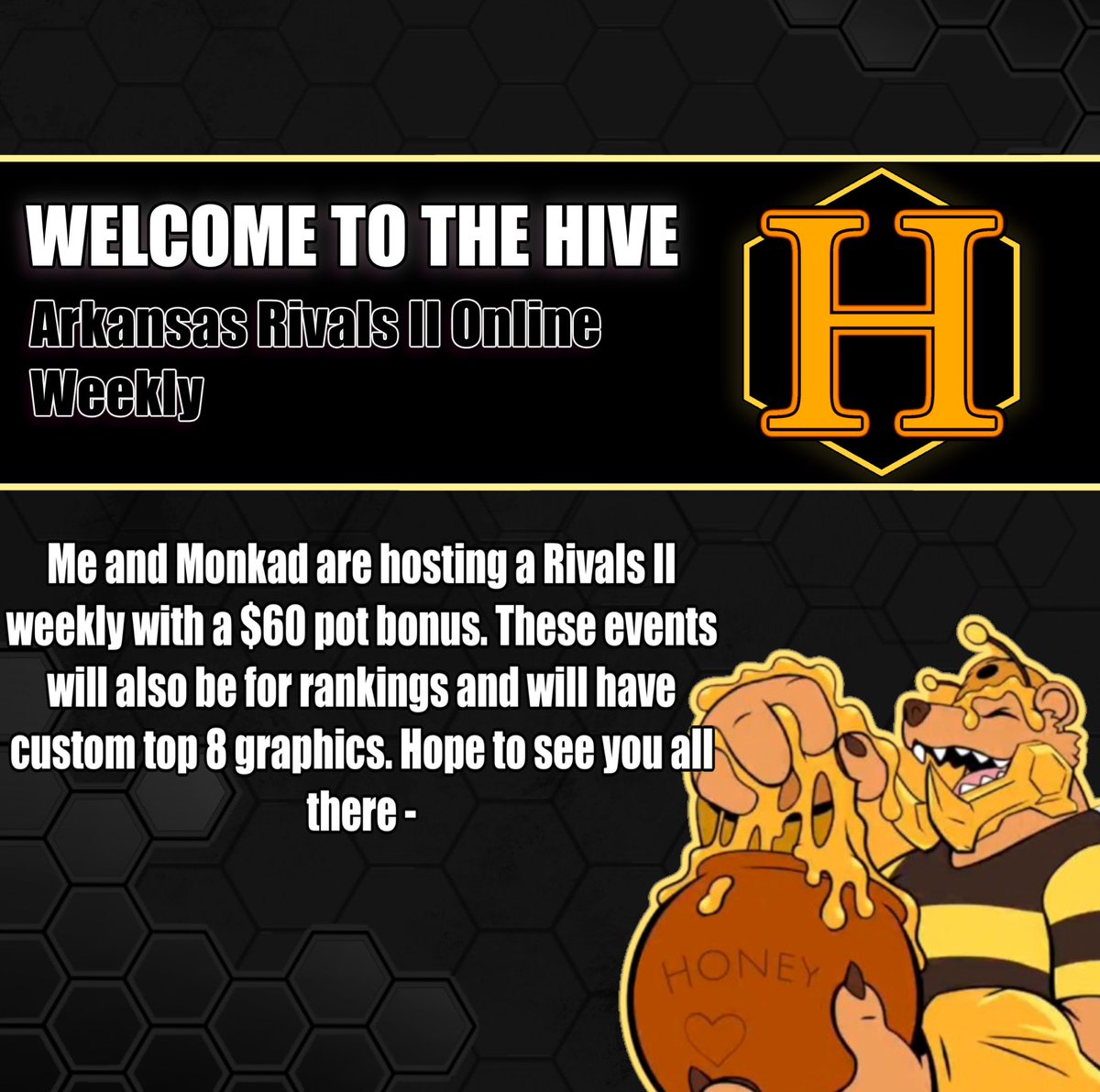 HEY EVERYONE, ANOTHER ANNOUNCEMENT!!
We’re hosting a online weekly now! This will be on every Monday at 6:00, and is completely FREE to join!
I hope to see you all there!

start.gg/tournament/the…