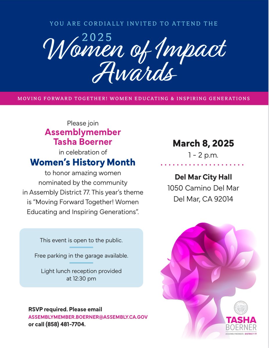 Assemblymember Tasha Boerner (@asmtasha) on Twitter photo This Saturday, March 8th from 1-2pm, join me in recognizing women from #AD77 for my annual Women of Impact event. Make sure to RSVP at Assemblymember.Boerner@assembly.ca.gov or (858) 481-7704. This Saturday, March 8th from 1-2pm, join me in recognizing women from #AD77 for my annual Women of Impact event. Make sure to RSVP at Assemblymember.Boerner@assembly.ca.gov or (858) 481-7704.