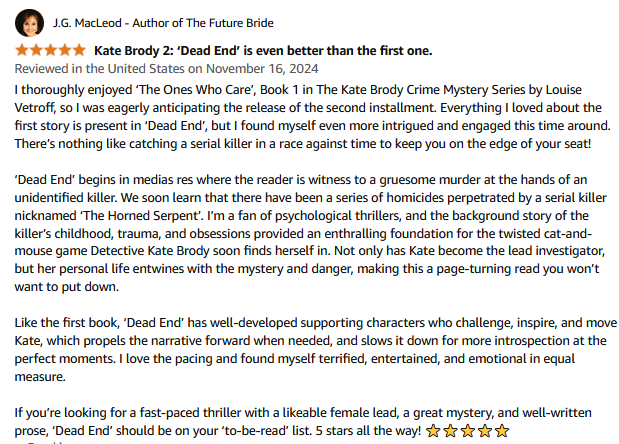 ⭐️⭐️⭐️⭐️⭐️
My 5-star review of 'Dead End (The Kate Brody Crime Mystery Series Book 2)' by <a href="/LouiseVetroff/">Louise Vetroff</a>.
amazon.com/dp/B0DN7MMH63

Grab your Kindle copy today.🔥