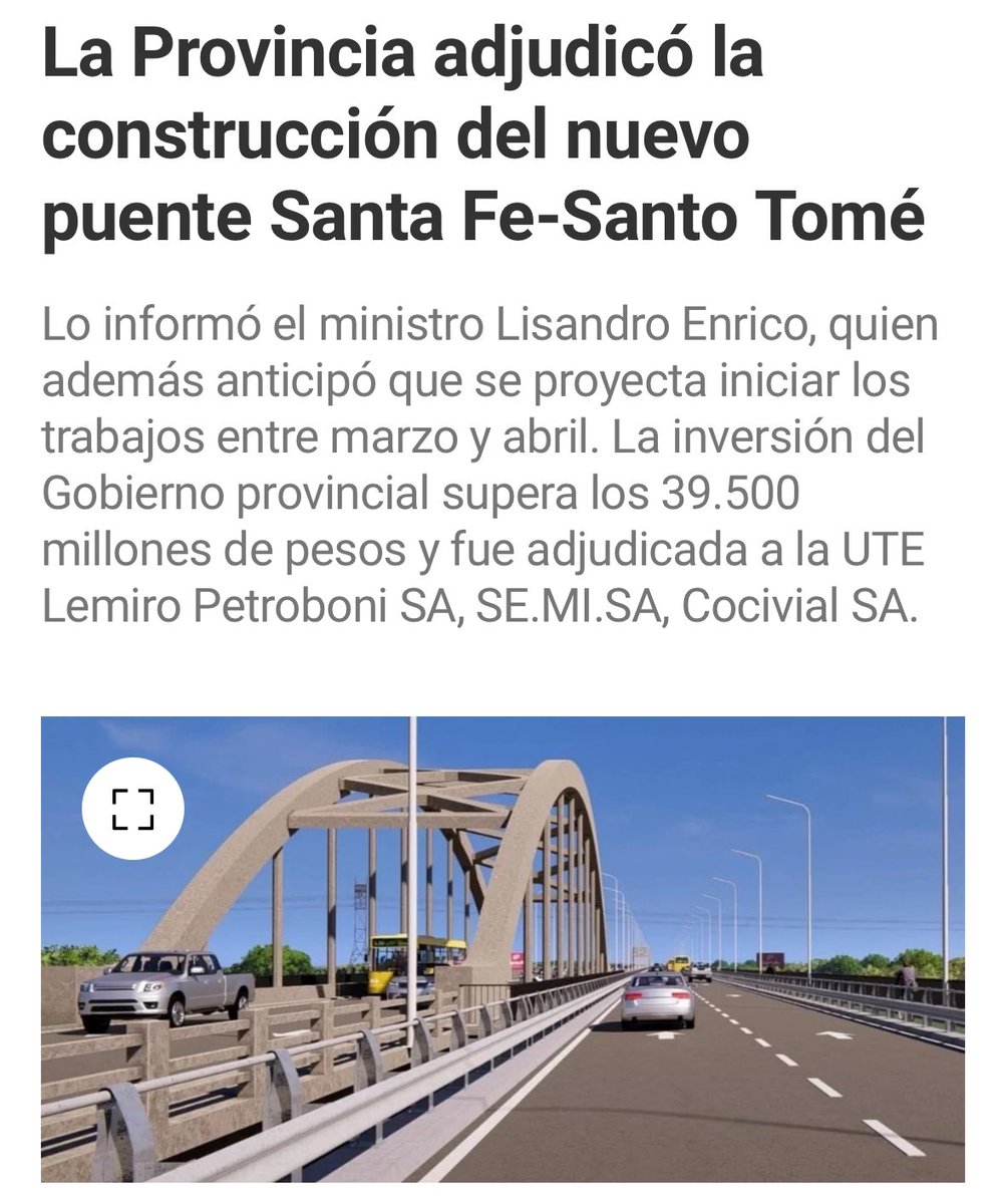 julasermartinez's tweet photo. Mientras otros frenan la obra pública, el @GobSantaFe avanza con hechos: se adjudicó la construcción del nuevo puente Santa Fe - Santo Tomé con una inversión de más de $39.500 millones. Una obra que se realiza con recursos propios, porque la provincia no puede esperar 💪 https://t.co/CZKGh7p5ea