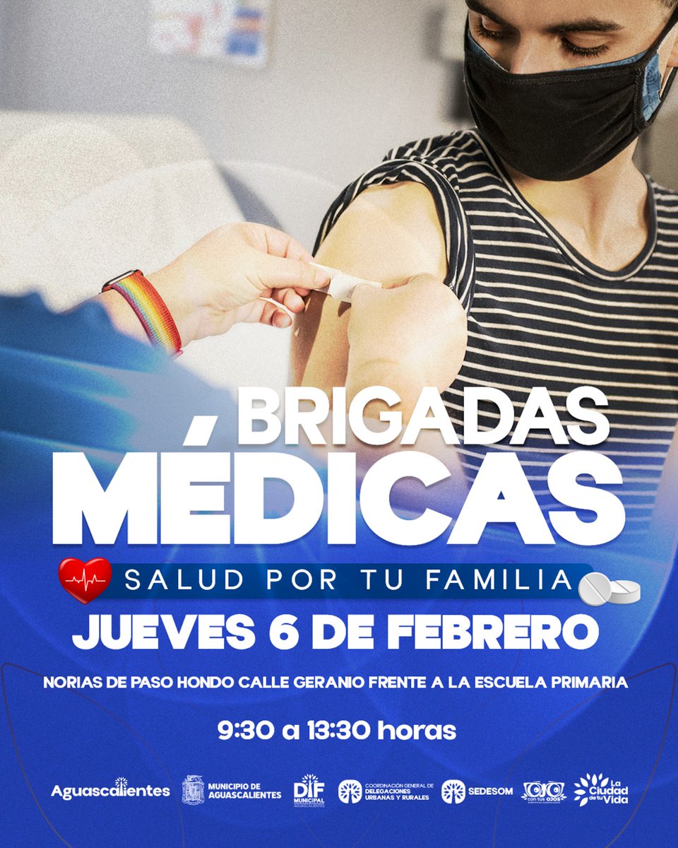 DIF MUNICIPAL REALIZARÁ BRIGADA MÉDICA GRATUITA EL JUEVES 6 DE FEBRERO EN NORIAS DE PASO HONDO
Se ubicará en calle Geranio, frente a la escuela primaria, de 9:30 a 13:30 horas