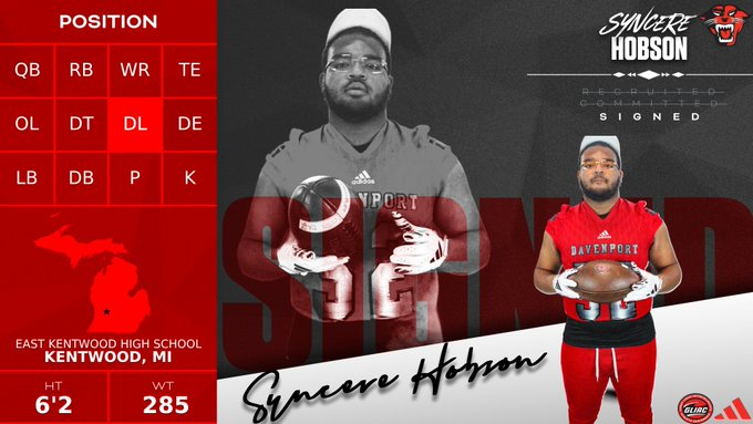 East Kentwood 2025 DE/DT Syncere Hobson has signed with Davenport

football.thedzone.com/players/syncer…

<a href="/SyncereH25/">Syncere Hobson</a> <a href="/EastKentwoodFB/">East Kentwood FB</a> <a href="/DU_Football/">Davenport Football</a>