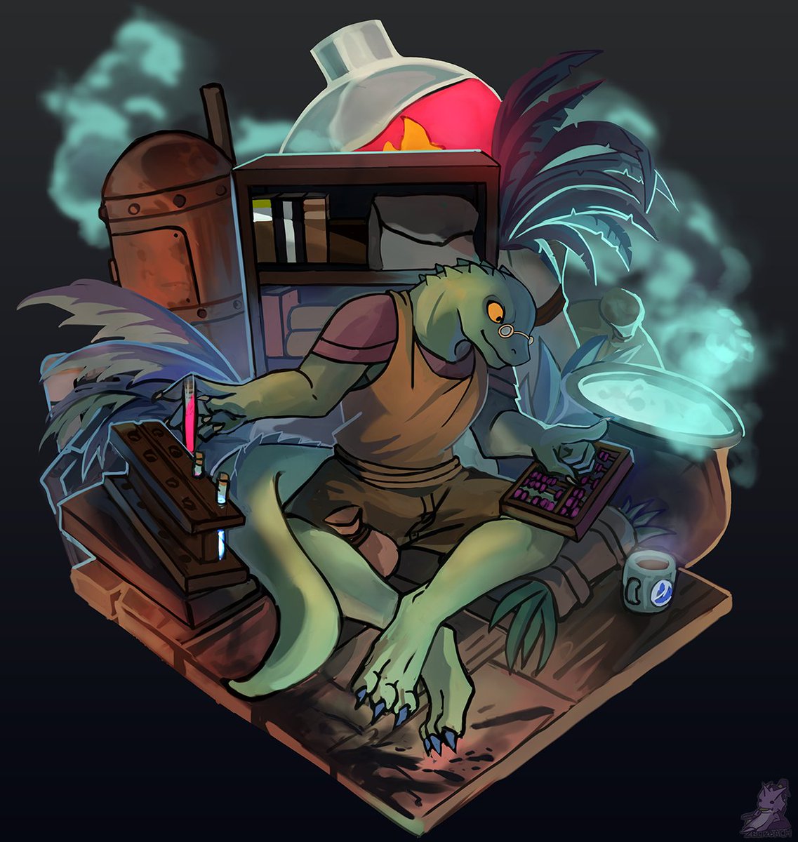 Zeitzbach's tweet photo. Daily draw for today, went a bit ham for the major sketch for @ Birbgames

Kreig  the lizard alchy from Birb Cafe. Pushy pushy tail. https://t.co/RPQ9jbK9lv