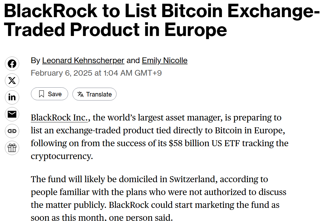 BTC速報：リークによるとブラックロックはビットコインETFに続き、現物型ビットコインETPをヨーロッパで上場用意をしているという。リーク者によると ブラックロックは2月中にローンチする可能性がある。 #ビットコイン #ビットコインETF #ブラックロック #仮想通貨 #暗号 ...