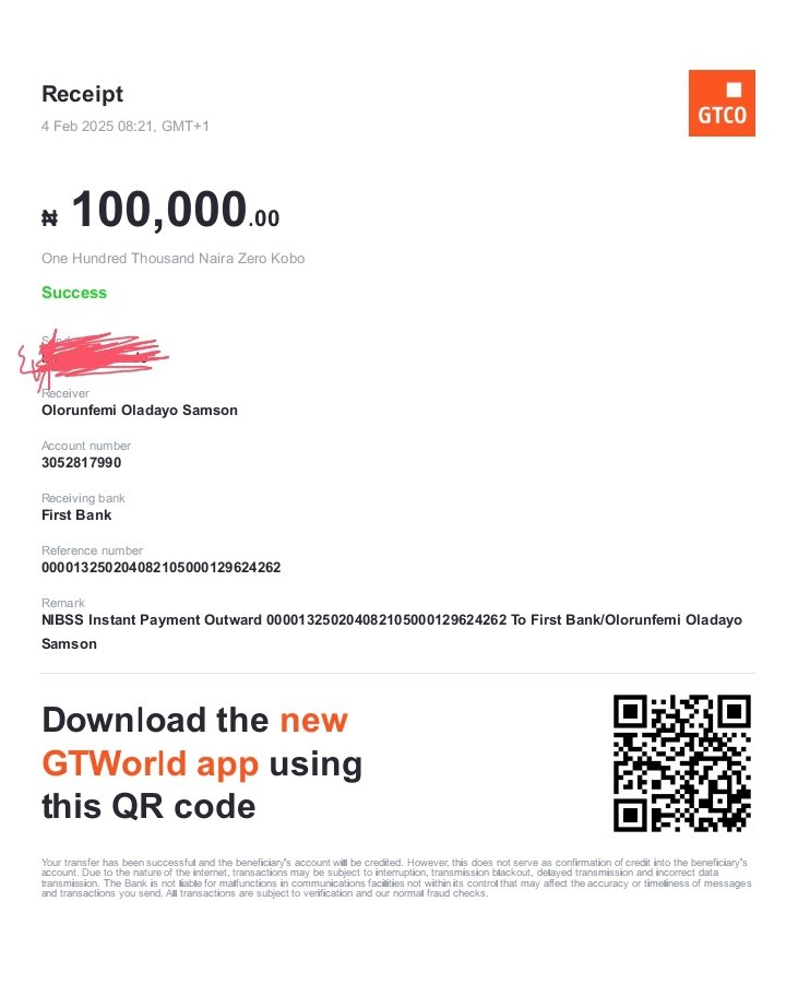 Samolorunfemi's tweet photo. @SaharaReporters @gtbank @gtbank_help kindly help resolve this matter. The sender used GTB to send money to me and since yesterday I haven't gotten a credit alert. My Bank @FirstBankngr said they money didn't enter my accout https://t.co/vEMSQlmNLl