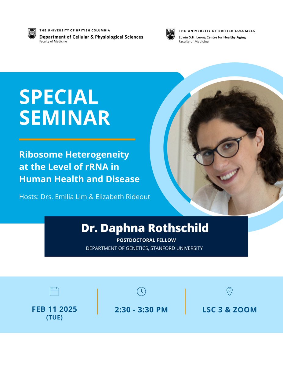 UBC Cellular & Physiological Sciences (@ubccps) on Twitter photo 📢 Next Tue: CPS Special Seminar!
Join us for the in-person presentation by Dr. Daphna Rothschild, hosted by Drs. Lim & Rideout:
"Ribosome Heterogeneity at the Level of rRNA in Human Health and Disease"
📷 Feb 11, 2:30pm in LSC 3 & Zoom
<a href="/UBCAging/">Edwin S.H. Leong Centre for Healthy Aging</a> 📢 Next Tue: CPS Special Seminar!
Join us for the in-person presentation by Dr. Daphna Rothschild, hosted by Drs. Lim & Rideout:
"Ribosome Heterogeneity at the Level of rRNA in Human Health and Disease"
📷 Feb 11, 2:30pm in LSC 3 & Zoom
<a href="/UBCAging/">Edwin S.H. Leong Centre for Healthy Aging</a>