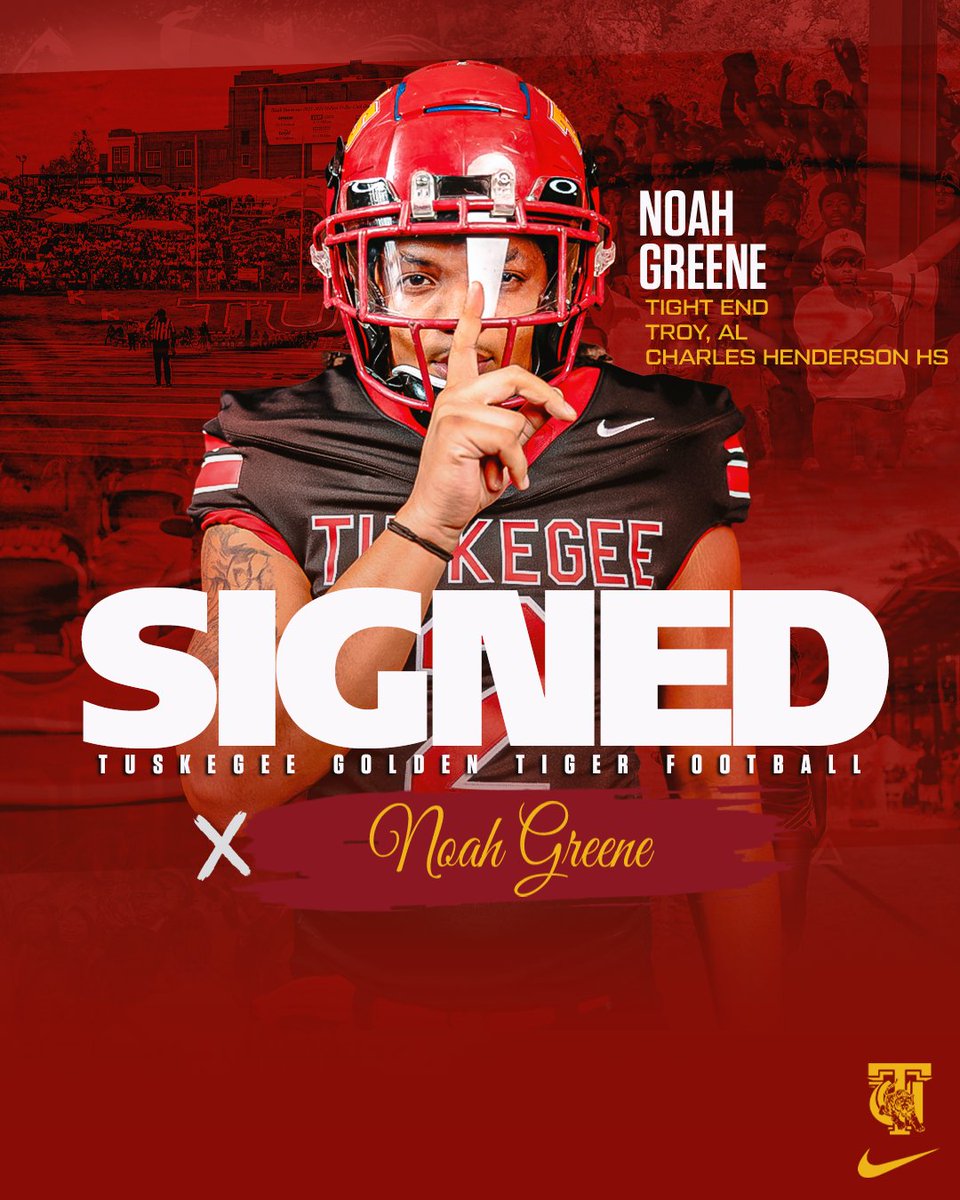 SkegeeFootball's tweet photo. ✍️ SIGNED!

Welcome to the Tuskegee Golden Tiger Football Family, Noah Greene! 

▪️Tight End
▪️Troy, AL
▪️Charles Henderson HS

#SkegeeFB l #MyTUAthletics l #SigningDay25 https://t.co/ZJ1I18VvP2