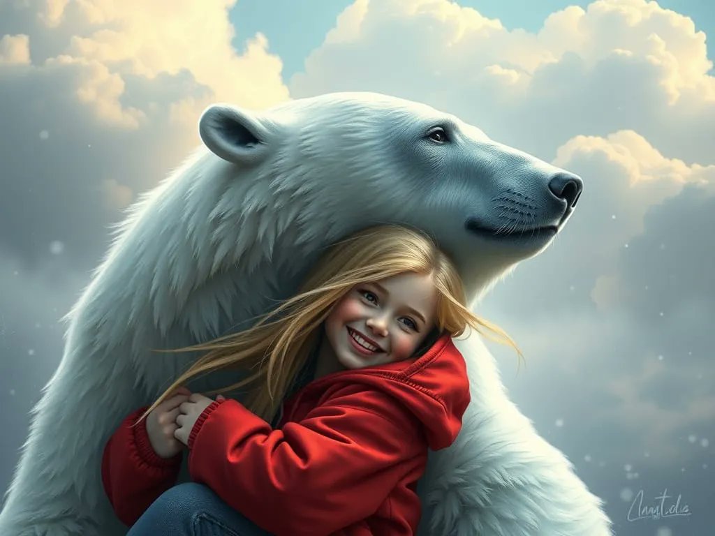 „Der tief verschneite Himmel-Ein Eisbär kuschelt mit einem kleinen Mädchen."