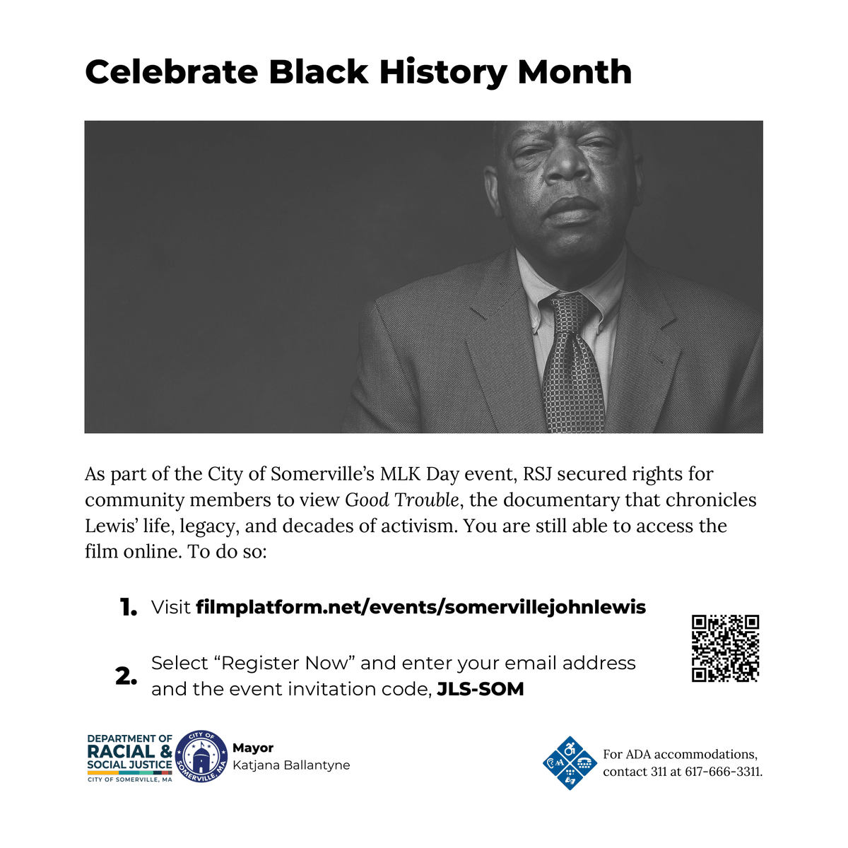 Community members still have the opportunity to watch Good Trouble at no cost as they celebrate Black History Month this February.

Visit filmplatform.net/events/somervi… and access the documentary with code "JLS-SOM"