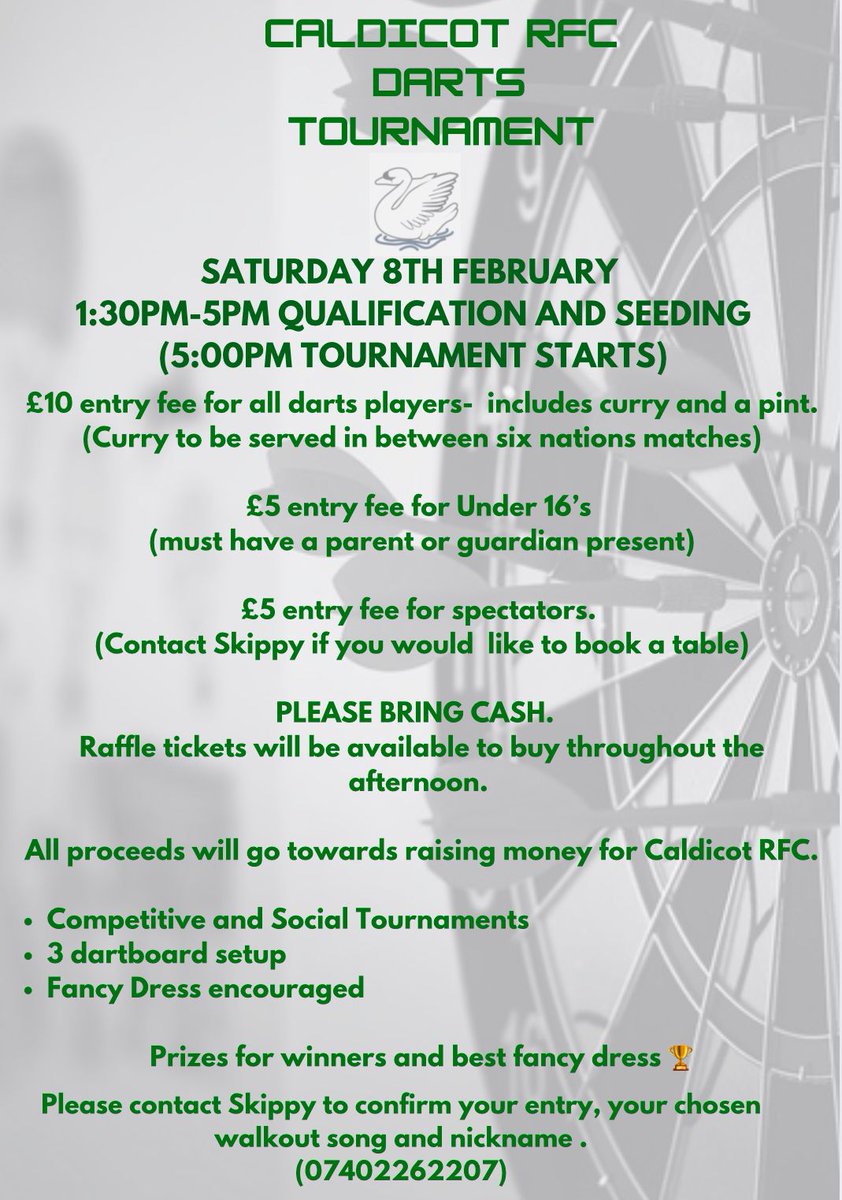 Not only do we have the Wales match on Saturday, but Skip Entertainment Ltd is hosting the inaugural RFC Darts competition..... 🎯🎯

What a fantastic afternoon in store, full details on the below poster! 

Cash prizes! 👀😎