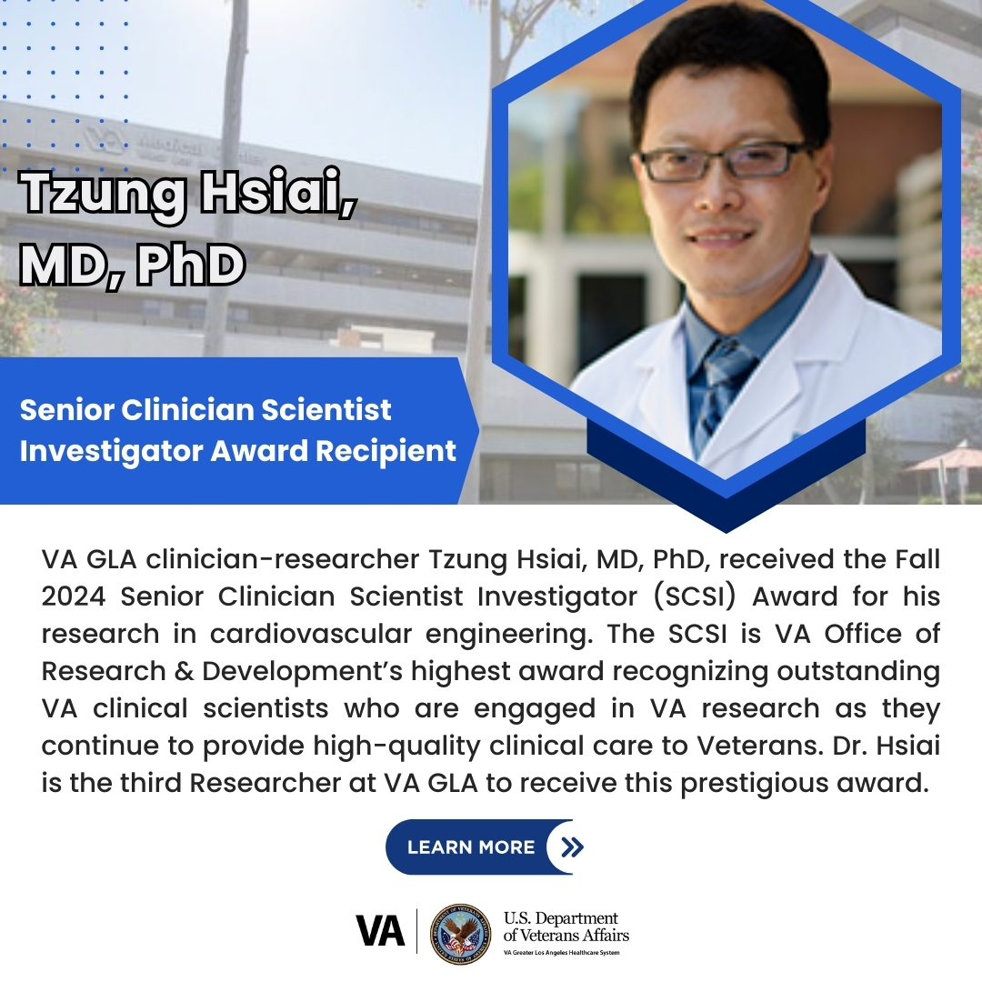 VA GLA clinician-researcher Tzung Hsiai, MD, PhD, received the Fall 2024 Senior Clinician Scientist Investigator (SCSI) Award for his research in cardiovascular engineering, VA Office of Research &amp; Development’s highest award for VA clinical scientists.

ow.ly/4oOR50UUp68