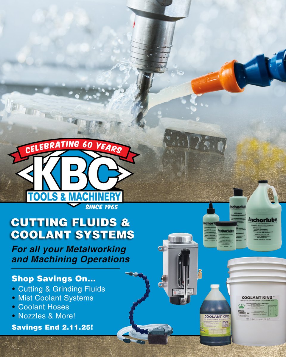 kbctools's tweet image. 💦 Keep it cool &amp;amp; extend tool life! Save on cutting fluids, mist coolant systems, hoses, &amp;amp; more—this week only! 🛠️❄️
⏳ Hurry! Sale ends Feb 11, 2025—shop now! 🔗 l8r.it/bLIi
#Machining #Metalworking #CoolantSystems #CuttingFluids #MachineShop