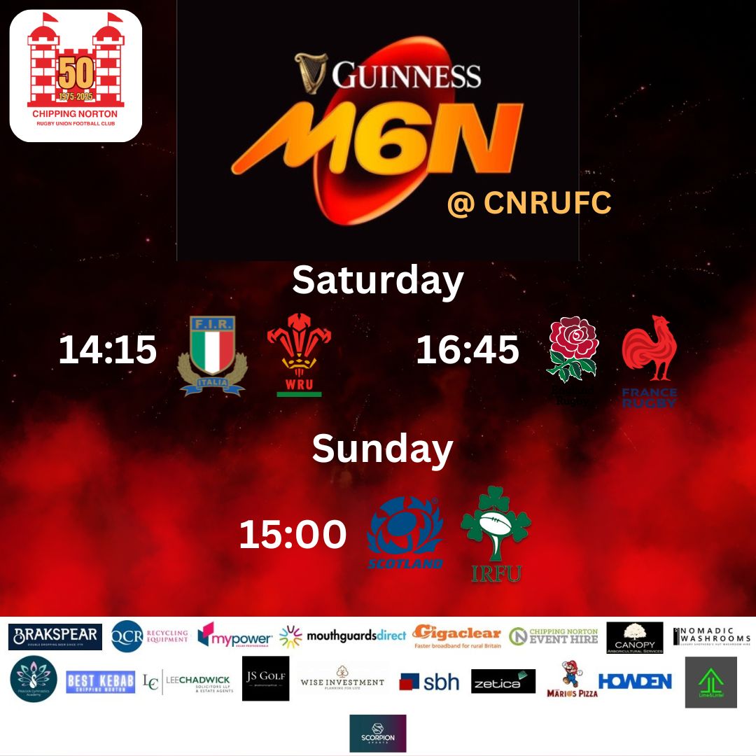 🏉THIS WEEKEND 🏉
If you can get over to Chesham to support the 1XV this weekend do it! If not, we have all the 6 Nations R2 action at the club. Bar &amp; Kitchen open! 📺
#chippingnorton #SixNations2025 #cnrufc #cnsportsbar