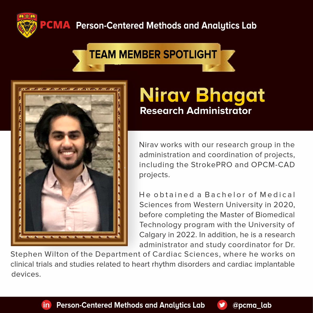 Person-centered Methods and Analytics Lab (@pcma_lab) on Twitter photo TEAM MEMBER SPOTLIGHT
This week's spotlight is on Nirav Bhagat, a talented administrator, who provides support on many of our funded projects, including the development of strokePRO, an electronic system for enhancing remote collection of PROMs in stroke trials.
<a href="/dr_sajobi/">Tolu Sajobi</a> TEAM MEMBER SPOTLIGHT
This week's spotlight is on Nirav Bhagat, a talented administrator, who provides support on many of our funded projects, including the development of strokePRO, an electronic system for enhancing remote collection of PROMs in stroke trials.
<a href="/dr_sajobi/">Tolu Sajobi</a>
