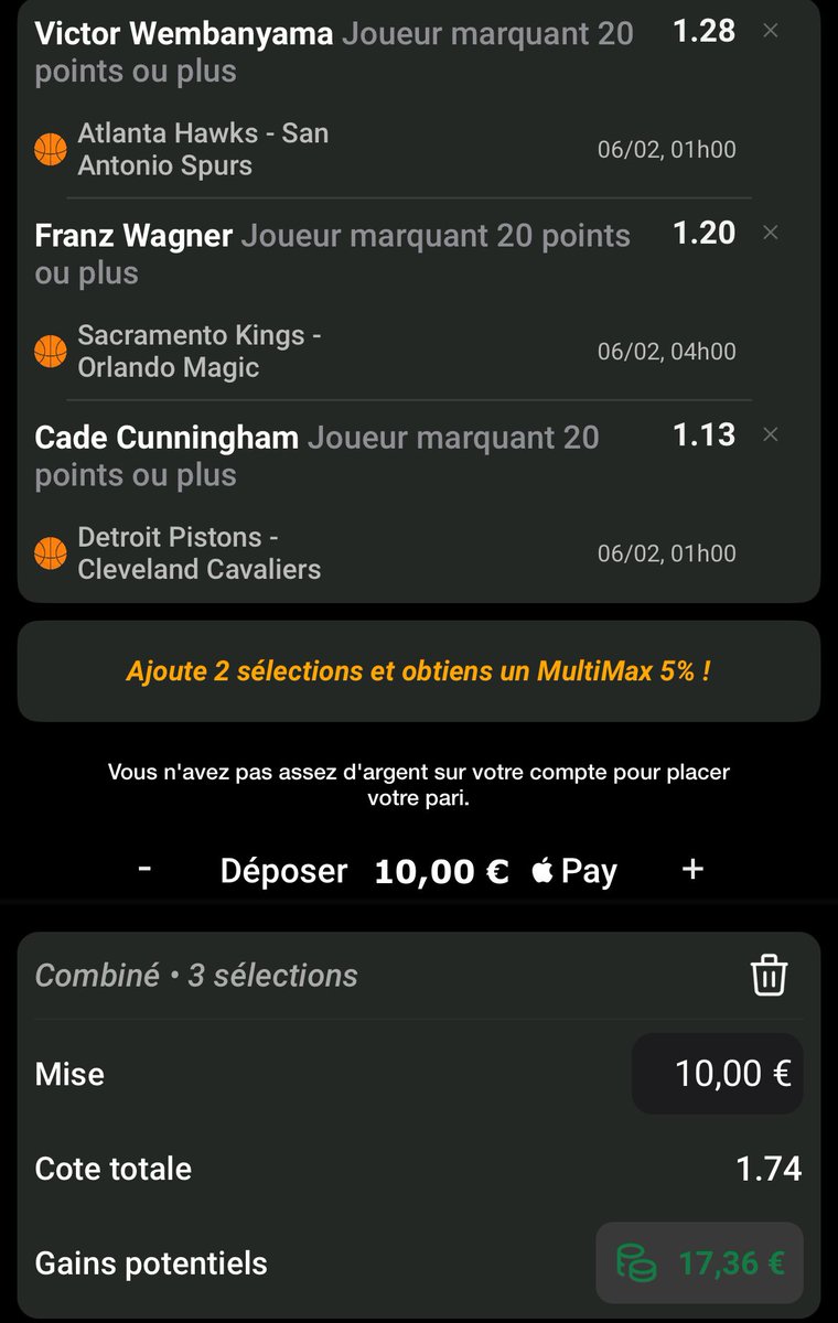 RJ__bet's tweet photo. MONTANTE RJ BET 1/5 🏀

Ce soir on commence une montante, c’est simple, le but est d’arriver au 5eme palier ensuite on recommencera une nouvelle montante. 

Pour ce soir petit combiné avec : Wembanyama +20 pts
Wagner +20pts 
Cunningham +20pts

Cote total à 1,74.

Vamossss 🏀 https://t.co/sJODXj96Sx