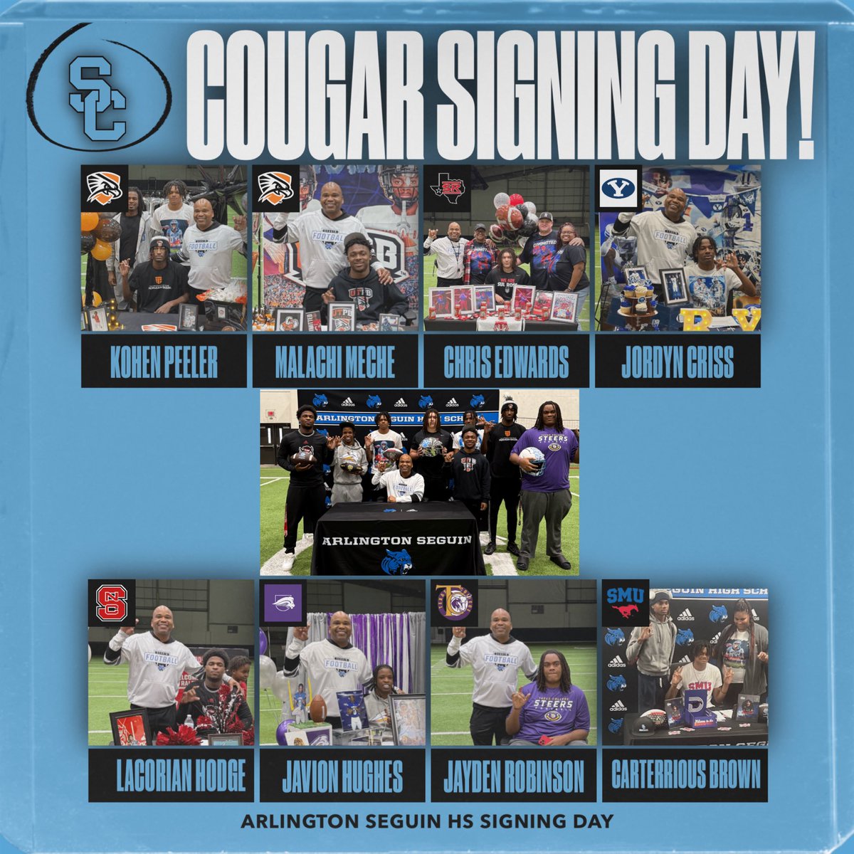 Seguin Cougar Football ๐๐พ (@seguincougarfb) on Twitter photo Congratulations to our 8 seniors who signed to go play at the next level! Thank you to the family and friends that came to support this morning! Over 100 family members and friends in the MAC!#SeguinNation #Southside #Family <a href="/coachjoegordon/">The Official Teammate of Today's Student Athlete</a> <a href="/blin_jr/">Billy Linson Jr</a> <a href="/JuanSeguinHS/">Juan Seguin HS</a> <a href="/AISD_ATH/">Arlington ISD Athletics</a> Congratulations to our 8 seniors who signed to go play at the next level! Thank you to the family and friends that came to support this morning! Over 100 family members and friends in the MAC!#SeguinNation #Southside #Family <a href="/coachjoegordon/">The Official Teammate of Today's Student Athlete</a> <a href="/blin_jr/">Billy Linson Jr</a> <a href="/JuanSeguinHS/">Juan Seguin HS</a> <a href="/AISD_ATH/">Arlington ISD Athletics</a>