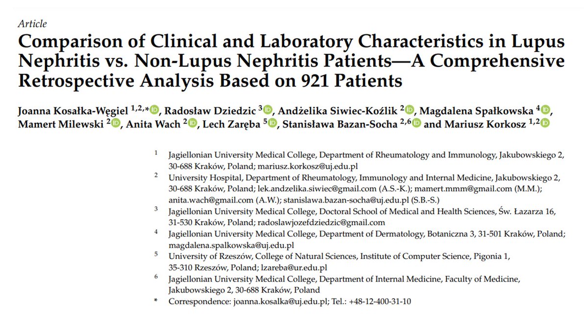 Rheumatology & Immunology, Jagiellonian University (@rheumkrakow) on Twitter photo 🦋New Study on #lupusNephritis by <a href="/KaWegiel68670/">Joanna Kosałka-Węgiel</a> et al. <a href="/RheumKrakow/">Rheumatology & Immunology, Jagiellonian University</a>
👉doi.org/10.3390/jcm131…
reveals key differences in LN vs. non-LN cases:
✅ Younger age & more males in LN
✅ Higher hypertension & hypercholesterolemia in LN
✅More frequent serositis, hematological & 🦋New Study on #lupusNephritis by <a href="/KaWegiel68670/">Joanna Kosałka-Węgiel</a> et al. <a href="/RheumKrakow/">Rheumatology & Immunology, Jagiellonian University</a>
👉doi.org/10.3390/jcm131…
reveals key differences in LN vs. non-LN cases:
✅ Younger age & more males in LN
✅ Higher hypertension & hypercholesterolemia in LN
✅More frequent serositis, hematological &