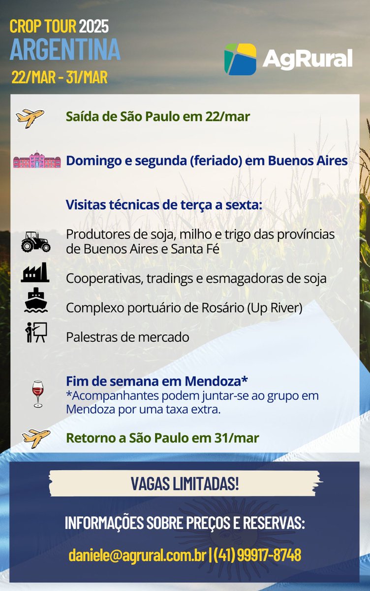Estamos fechando o grupo do Crop Tour #Argentina 2025! Os detalhes - incluindo o preço por participante - estão todos definidos. Por isso, se você tem interesse em ir com a gente, me mande uma DM ou entre em contato pelo e-mail ou WhatsApp da imagem.
#soja #milho #maiz