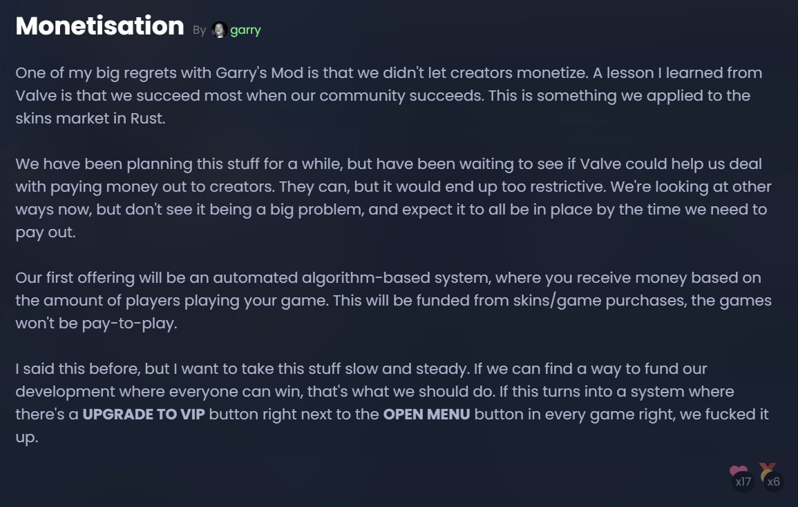 gabefollower's tweet image. Garry Newman confirmed that Valve has agreed to let people export game modes from S&amp;amp;Box (spiritual successor to Garry's Mod) as separate games and release them on Steam.

They are also planning to allow people to monetize their game modes within S&amp;amp;Box, unlike G-Mod.