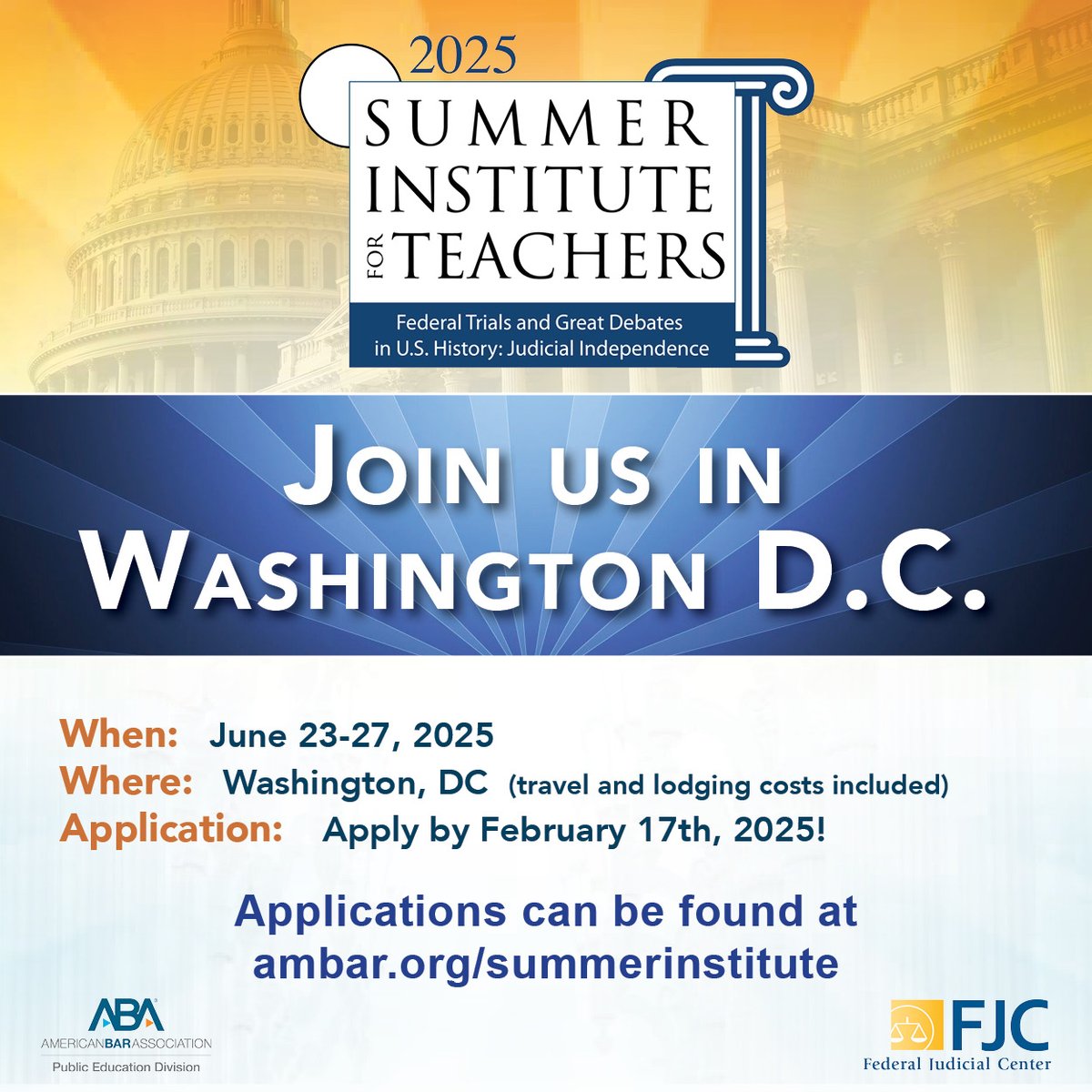Did you mean to get your application in for this summer program with Federal Judicial Center in Washington, DC? Great news: You have more time! Applications are still open until February 17, so don't delay.