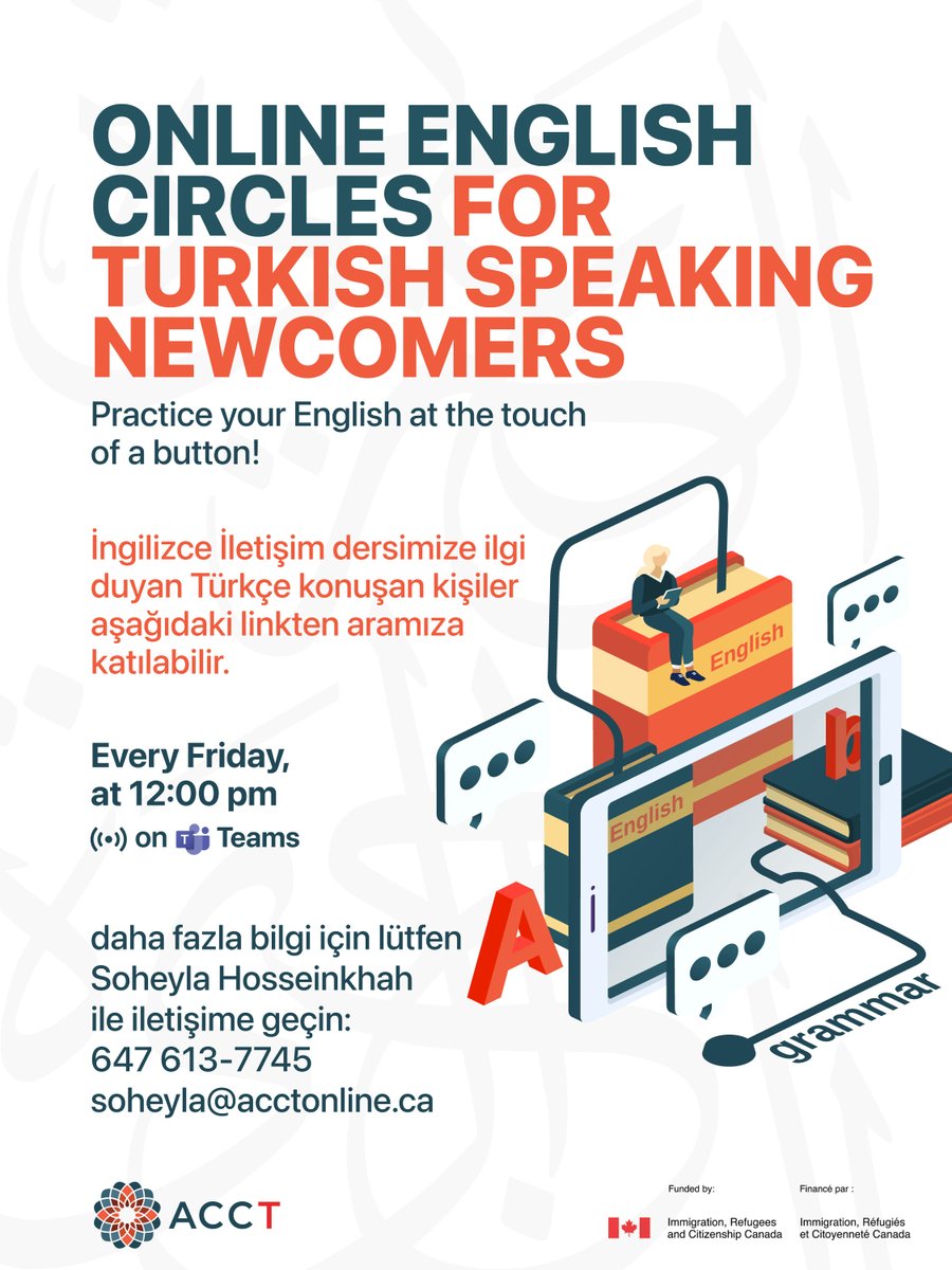 ACCT (@acctonline) on Twitter photo 📷 Join us tomorrow and every Friday for our English Conversation Circles, specially for Turkish speakers
📷 Practice your English with us online via MS Teams!
For more details, contact
Soheyla Hosseinkhah
(647) 613-7745
soheyla@acctonline.ca
Don’t miss out – see you there! 📷 📷 Join us tomorrow and every Friday for our English Conversation Circles, specially for Turkish speakers
📷 Practice your English with us online via MS Teams!
For more details, contact
Soheyla Hosseinkhah
(647) 613-7745
soheyla@acctonline.ca
Don’t miss out – see you there! 📷