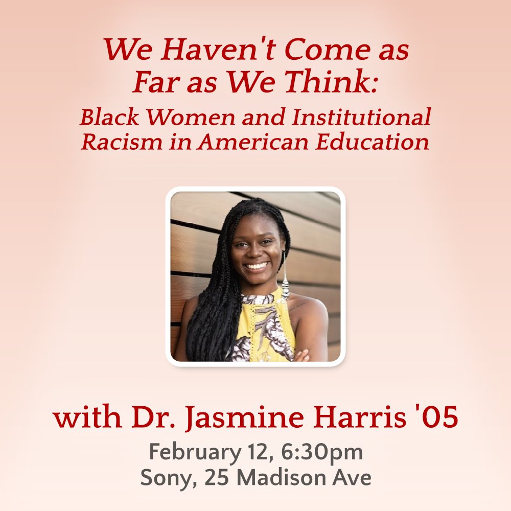 Dr. Jasmine Harris ’05 will lead a discussion that delves into the lived experiences of Black women navigating predominantly white academic spaces

connect.vassar.edu/JasminHarris_D…

⚠️ This account will stop publishing at the end of February. Please follow us on our other socials!
