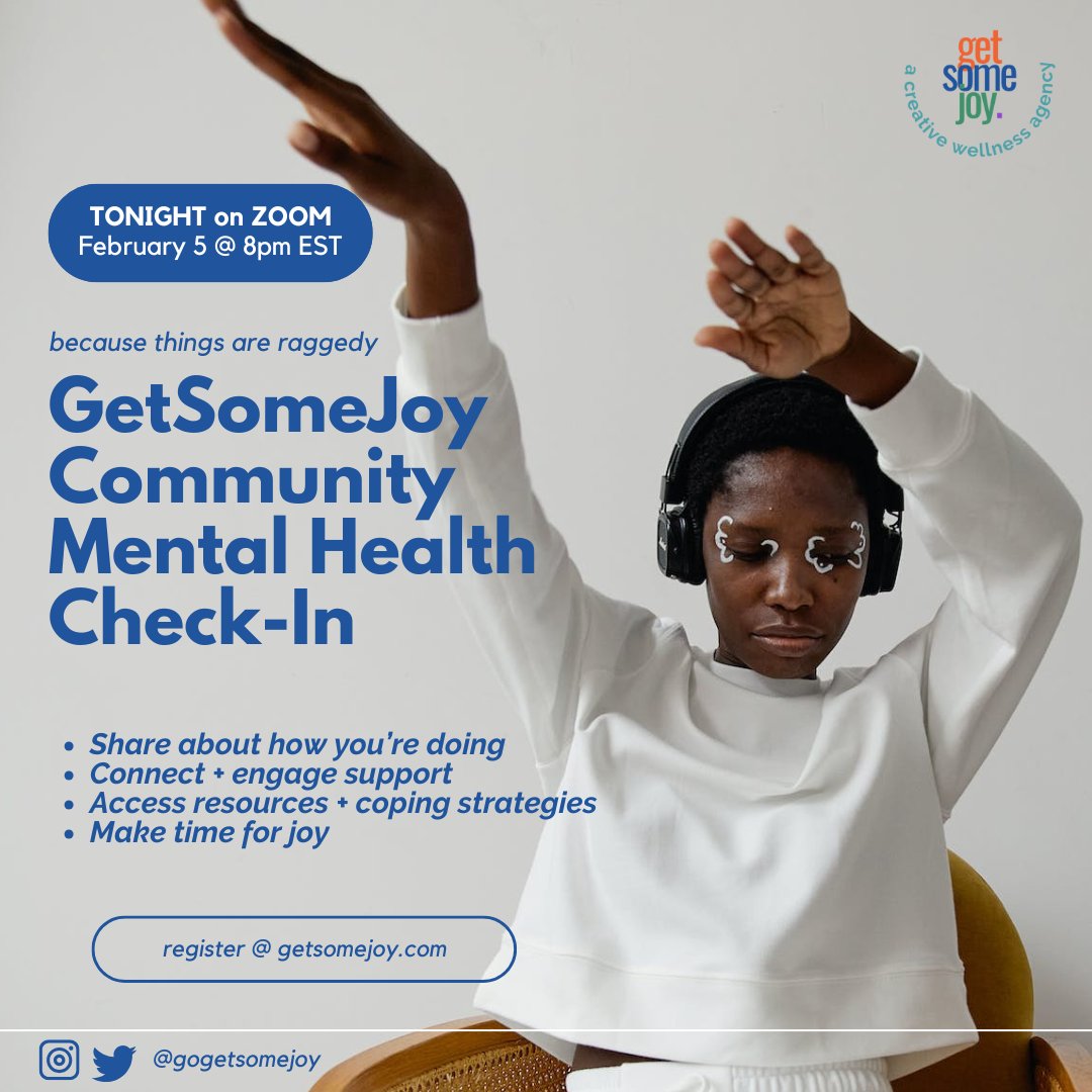 chrisalexander_'s tweet photo. How are you coping in these raggedy times? What's bringing you joy @ the moment?
Join us tonight @ 8pm EST for @gogetsomejoy's 1st Community Mental Health Check-In of 2025.
Access community, support, and resources.
Invite a friend.
https://t.co/mTHhmWDbwD
#getsomejoy https://t.co/B3p4dCRqTw