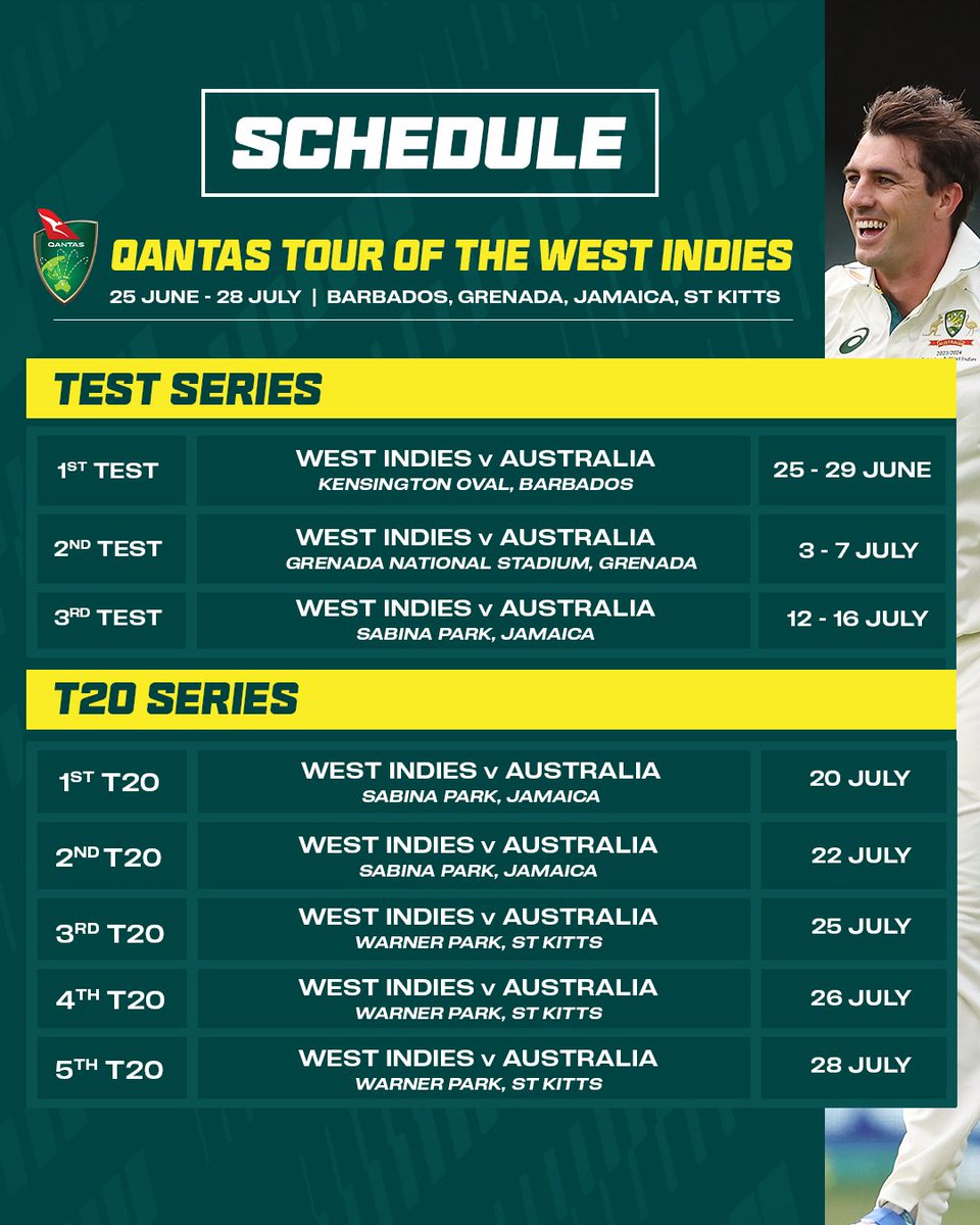CricketAus's tweet photo. Winter in the Windies? Don’t mind if we do! 🌴

The schedule for our Australian Men's Cricket Team's tour of the West Indies this June/July is here 🚨 https://t.co/SXqimXkYO7