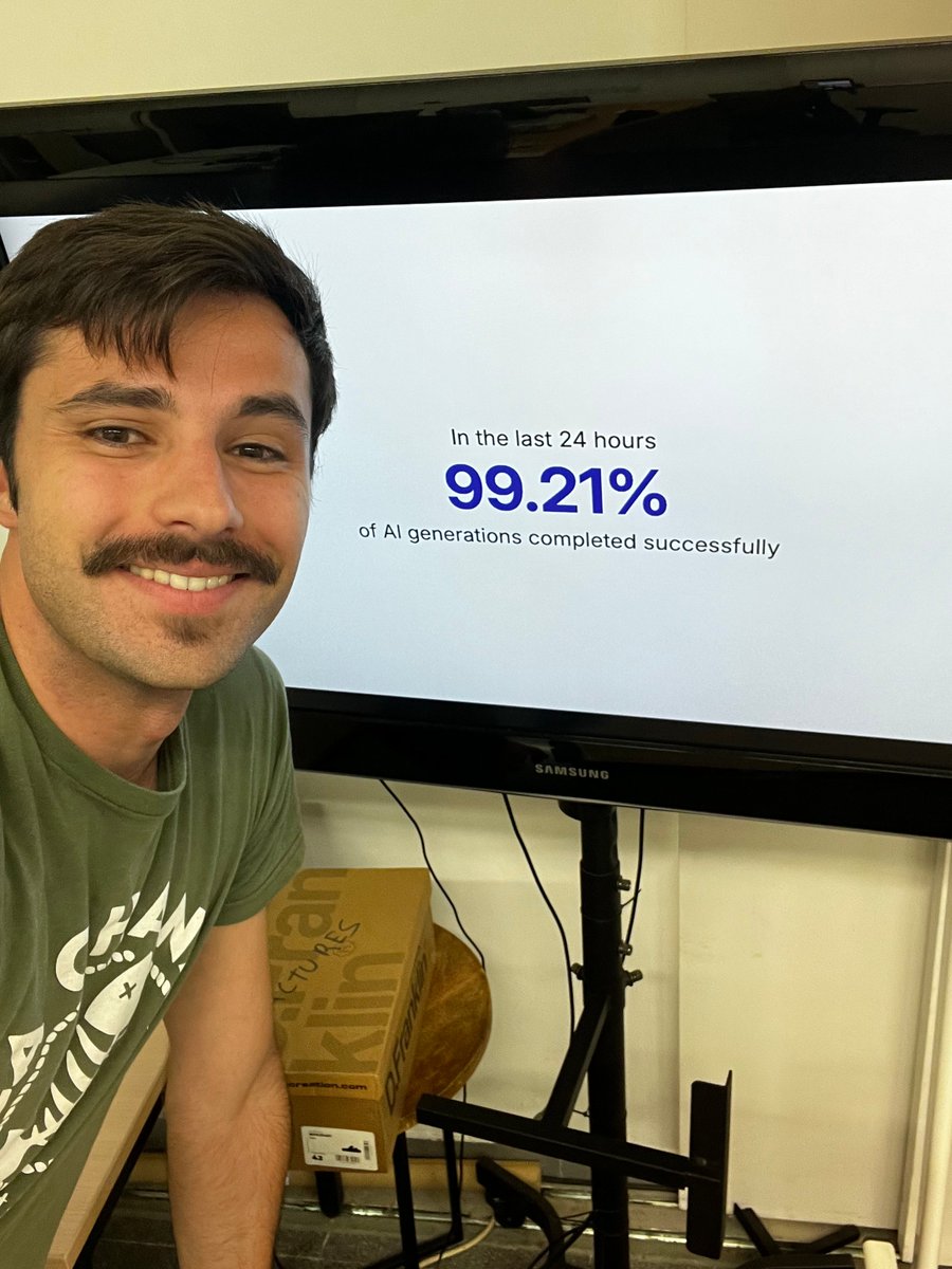 Our backend has more than a 100 models. Different use-cases, clients &amp; deployments. Super challenging to make all of them work as one.

99% of successful generations all day, every day. We actually have this rendering on a TV screen at the office.

Congrats to the team