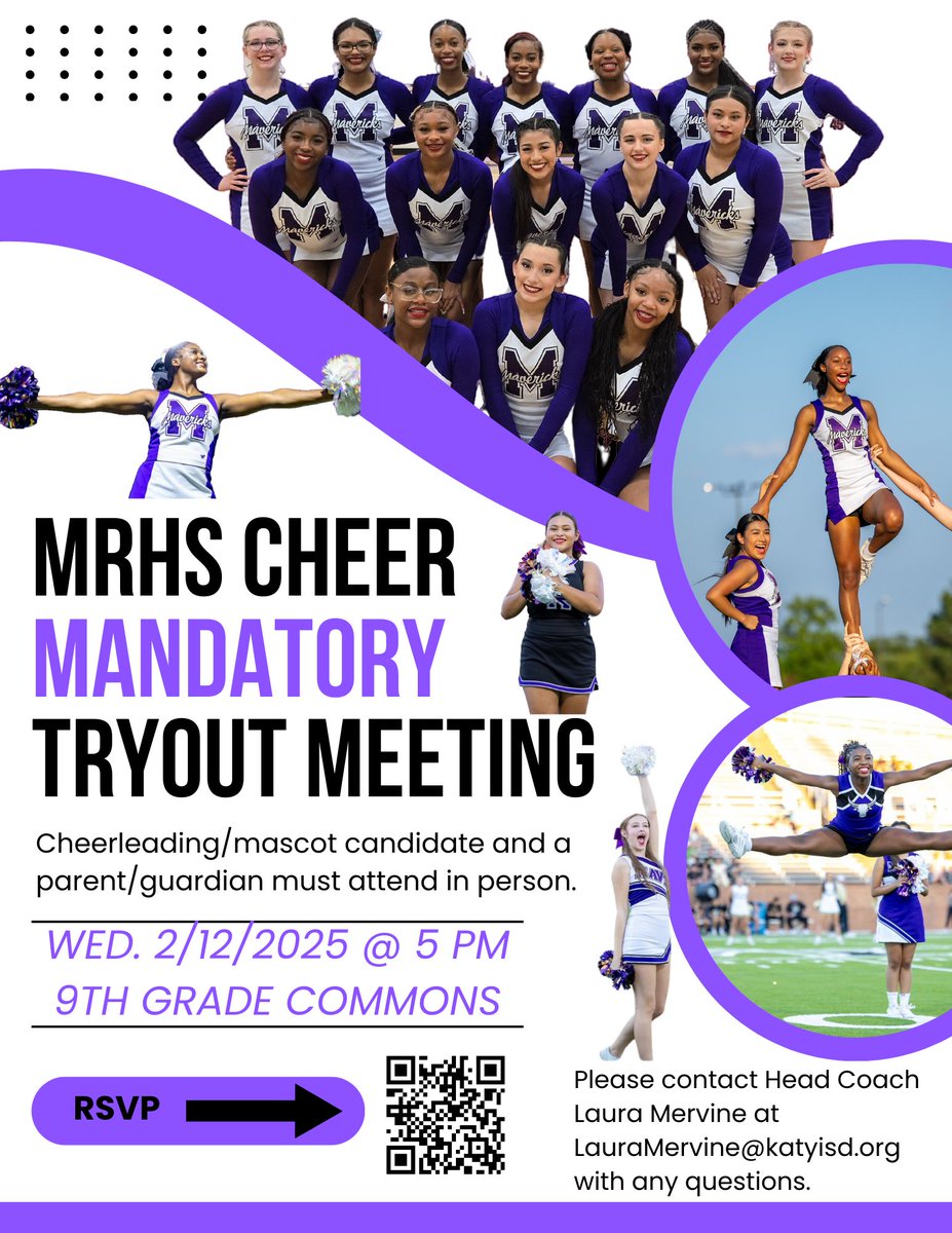 Interested in being a Morton Ranch High School cheerleader or mascot next year? Be sure to join us next week at our mandatory tryout meeting. All tryout information will be distributed at the meeting. No experience needed! 💜🤘🏻🤍 #mortonranchhighschool #ilovemortonranch #teammav