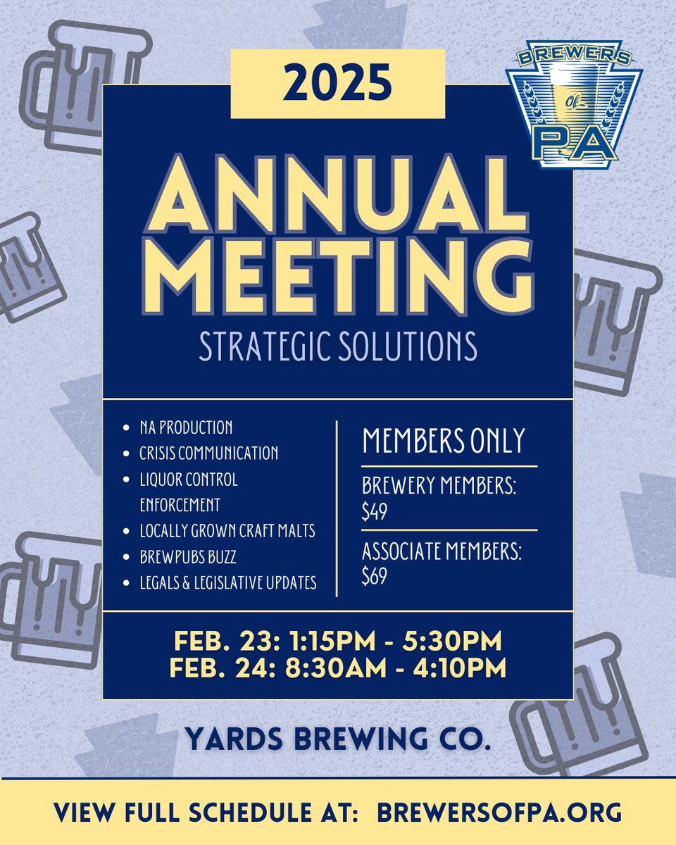 BrewersofPA's tweet photo. This years meeting format will focus on Strategic Solutions to the ever changing brewing industry; from styles of brewing to raw ingredients to internal and external communications when faced with sensitive situations.

Register today! https://t.co/Y9f2NwsfBm