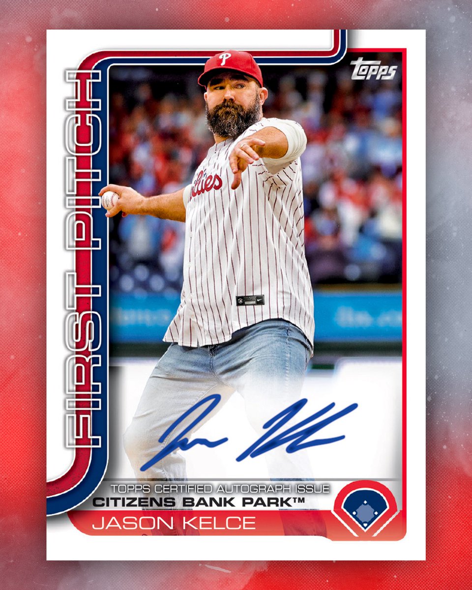 Topps's tweet image. 𝐅𝐈𝐑𝐒𝐓 𝐋𝐎𝐎𝐊: Jason Kelce has an official Philadelphia Phillies autograph card in 2025 Series One.