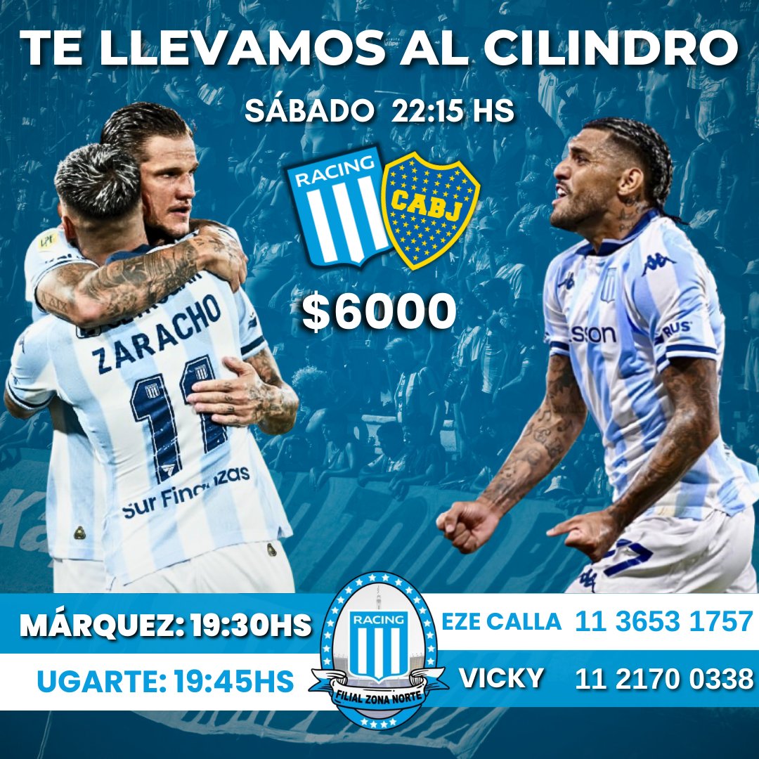 RacingClubFZN's tweet photo. 👋 ¡Te llevamos al Cilindro!

Vení con nosotros a alentar a la Academia frente a Boca 🫂💙🤍

📍HORARIOS

Márquez y Panamericana: 19:30hs
Ugarte y Panamericana: 19:45hs https://t.co/mBwIhirp0n