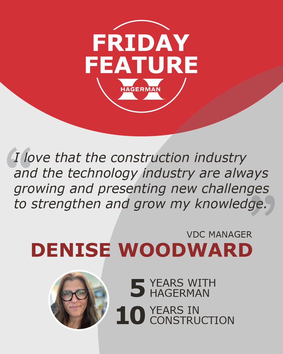 HagermanGroup's tweet photo. Join us in celebrating our employees! 🎉 Today’s #FridayFeature shines a light on Denise Woodward, our #VirtualDesignConstruction Manager!

#constructiontechnology #buildinginformationmodeling #vrconstruction #BuildingABetterFuture #aconstructionsolutionsprovider #construction https://t.co/uA55bDfrvH