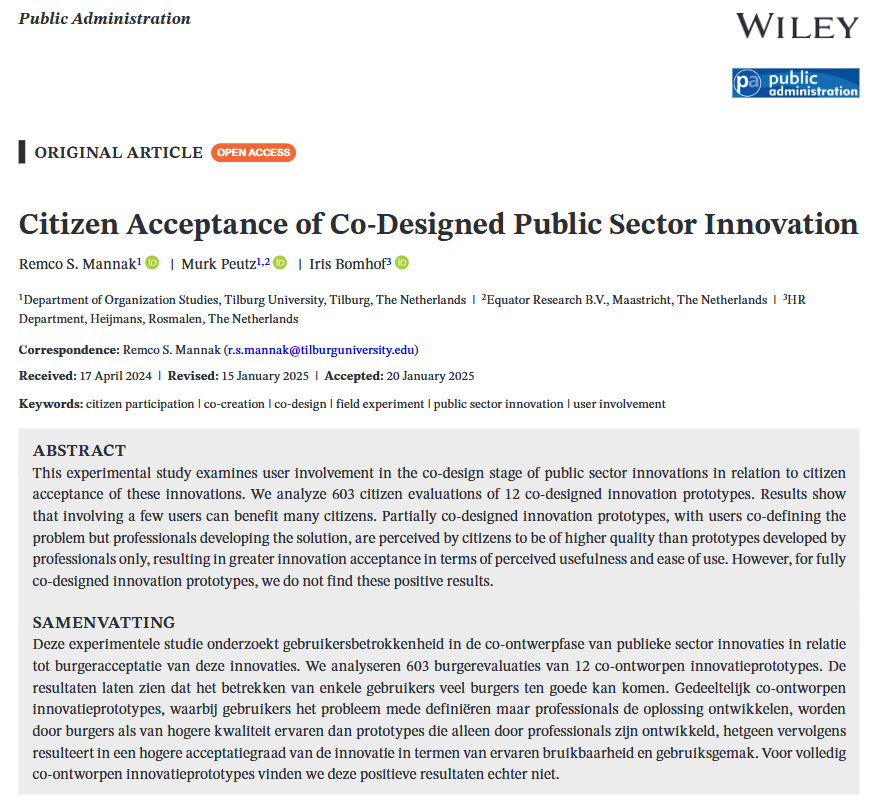 "Citizen Acceptance of Co-Designed Public Sector Innovation" by Remco Mannak, <a href="/murkpeutz/">Murk Peutz</a>, &amp; Iris Bomhof shows that innovations co-designed with user input are perceived as more useful and easier to use, leading to greater acceptance. doi.org/10.1111/padm.1…