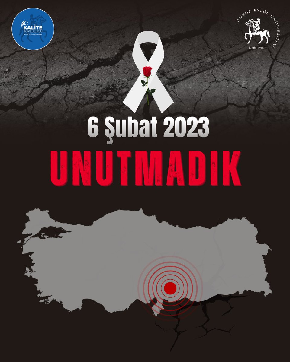 Unutmadık, 6 Şubat 2023. Depremin yıldönümünde, kaybettiğimiz vatandaşlarımıza ve Dokuz Eylül Üniversitesi öğrencilerine Allah’tan rahmet, ailelerine sabır diliyoruz. Bu büyük acıdan etkilenenlere bir kez daha geçmiş olsun diyoruz.  #universitemDEU #deukalite #deukal #unutmadık