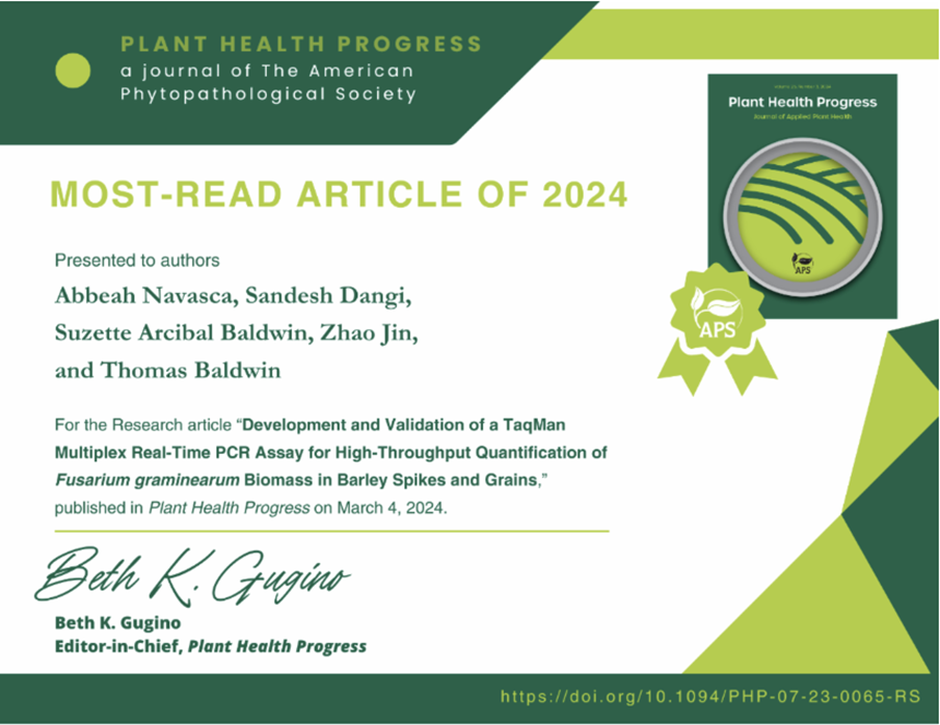 NDSUPlantPathology (@ndsuplantpath) on Twitter photo 🎉 Congrats to <a href="/LadyFusaria/">Abbeah Navasca</a>, Sandesh Dangi, <a href="/ArcibalBaldwin/">Suzette Arcibal Baldwin</a>, Suzette Arcibal Baldwin, Zhao Jin & <a href="/BarleyPathology/">Thomas Baldwin</a> ! Their article on a TaqMan multiplex RT-PCR assay for Fusarium graminearum was the most-read Plant Health Progress paper of 2024! 🔬🌾 apsjournals.apsnet.org/doi/10.1094/PH… 🎉 Congrats to <a href="/LadyFusaria/">Abbeah Navasca</a>, Sandesh Dangi, <a href="/ArcibalBaldwin/">Suzette Arcibal Baldwin</a>, Suzette Arcibal Baldwin, Zhao Jin & <a href="/BarleyPathology/">Thomas Baldwin</a> ! Their article on a TaqMan multiplex RT-PCR assay for Fusarium graminearum was the most-read Plant Health Progress paper of 2024! 🔬🌾 apsjournals.apsnet.org/doi/10.1094/PH…