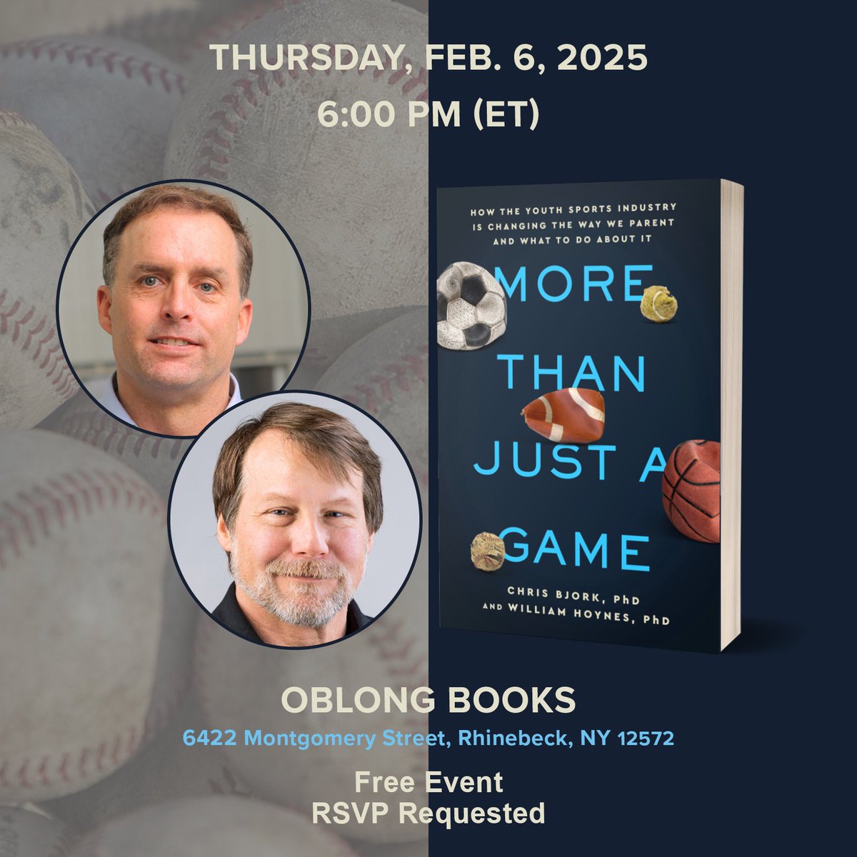 Book signing event: Feb. 6 <a href="/OblongBooks/">Oblong Books</a> in Rhinebeck 
Chris Bjork &amp; William Hoynes will share first-person stories from their new book MORE THAN JUST A GAME, providing much needed perspective about the billion dollar youth sports industry

RSVP: oblongbooks.com/event-bjork-ho…

<a href="/Vassar/">Vassar College</a>