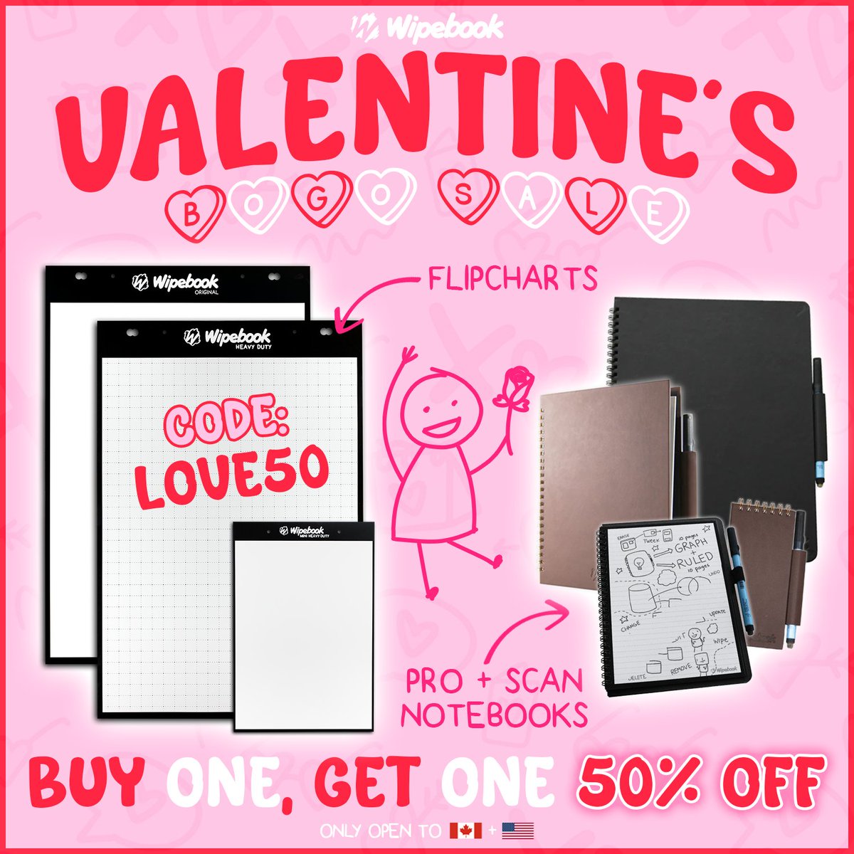 Wipebook's tweet image. 💌BOGO 50% Off – Share the Love this Valentine's Day with Wipebook!💗

❣️Promo Code: LOVE50 at checkout
🗓️February 5th to 14th, 2025.

Double the Wipebooks, double the love! For a limited time, when you buy one Wipebook Flipchart or Scan/Pro Notebook, you get the second one for