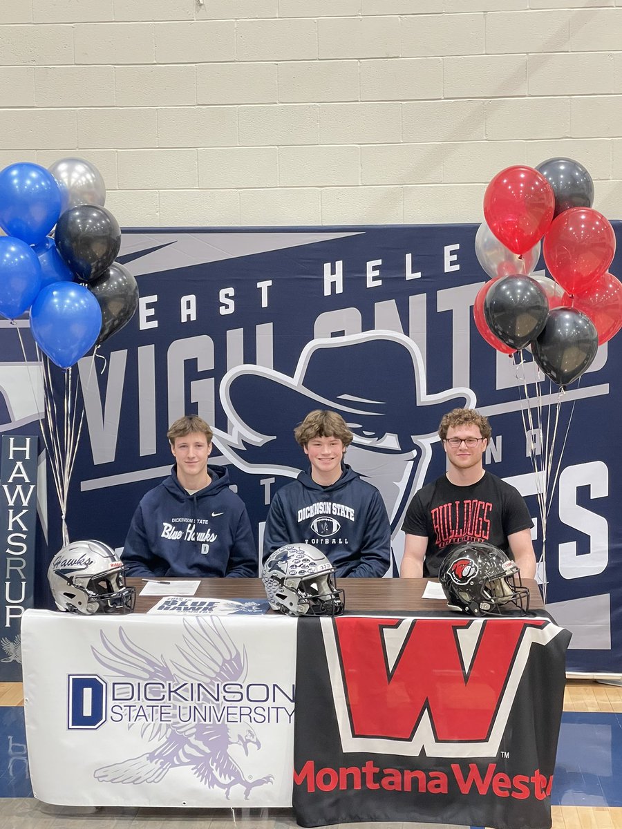 Vigilante Football (@vigilantesfb) on Twitter photo Congrats to <a href="/JackCTaylor_12/">Jack Taylor</a> <a href="/Slade_Olson14/">Slade Olson</a> & <a href="/haydenwright505/">Hayden Wright</a> for earning an opportunity to continue playing football and signing their letter of intent. We are very proud! We know you will continue to represent East Helena and the Vigilantes in a first class manner!
#227Made Congrats to <a href="/JackCTaylor_12/">Jack Taylor</a> <a href="/Slade_Olson14/">Slade Olson</a> & <a href="/haydenwright505/">Hayden Wright</a> for earning an opportunity to continue playing football and signing their letter of intent. We are very proud! We know you will continue to represent East Helena and the Vigilantes in a first class manner!
#227Made