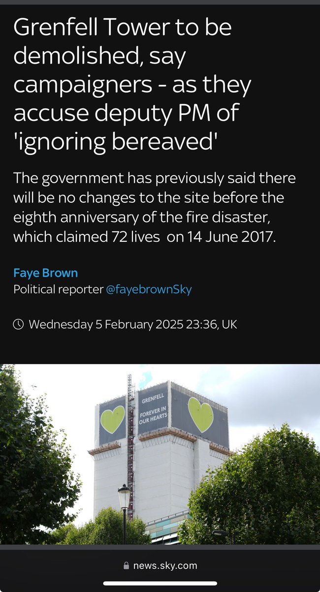 Justice must come before decisions on Grenfell. <a href="/AngelaRayner/">Angela Rayner</a> announced the tower will be demolished to the ground,ignoring the wishes of many bereaved families. Meanwhile,Trump plans a ‘Riviera of the Middle East’ in Gaza.The rush to move on without compassion is unacceptable 💚