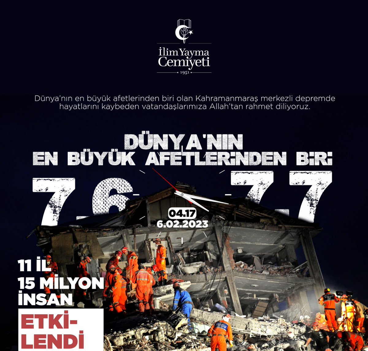 Asrın felaketi 6 Şubat depremlerinde hayatını kaybeden vatandaşlarımıza Allah’tan rahmet diliyoruz.