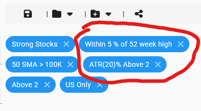 PlayBoyMoney1's tweet photo. @KristoffDeTurck Hello sir it would be great if I could customize the "% from" 52wk high, so I could capture that have higher volatility, might not be within 5%, but are still within a few ATR of 52wk highs. Actually ATR multiple from 52wk high is big brained https://t.co/StpBufhTzf