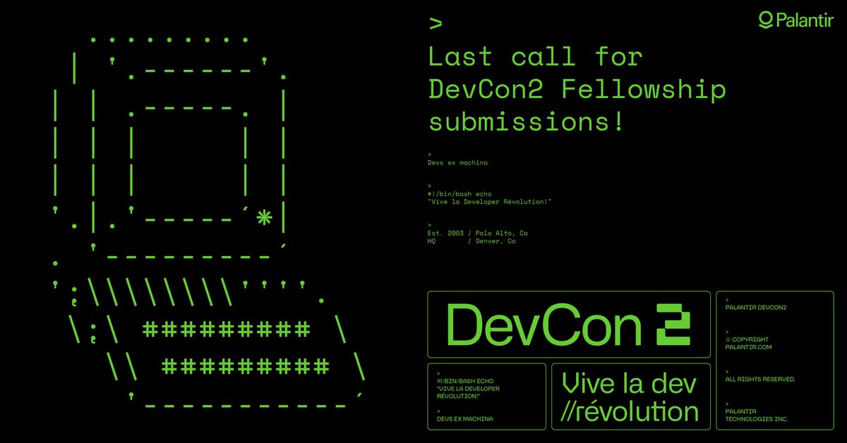 PalantirTech's tweet image. Last call for DevCon2 Open Source Fellowship Submissions.

Submissions are due February 7th. 

Vive la (Developer) Révolution!