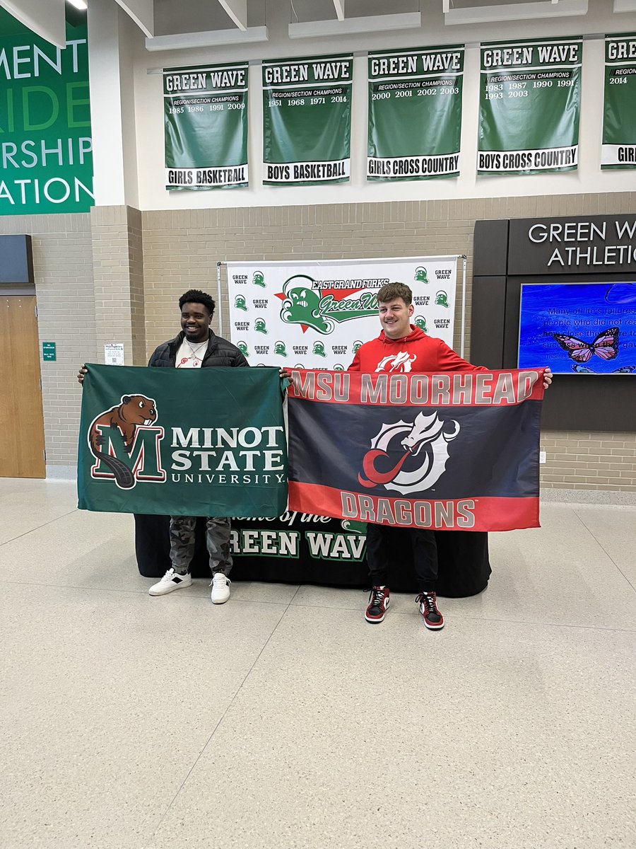 Congratulations to Rylan Gravos for signing with MSUM and Messi Kalenda for signing with Minot State this morning. Proud of these two young men.