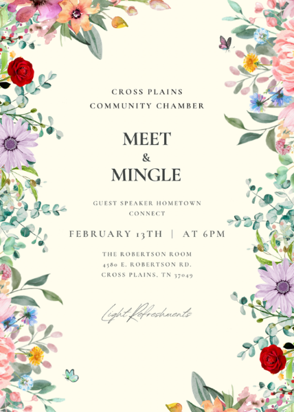 Cross Plains Community Chamber will meet Thursday, February 13, 6:00 pm, at The Robertson Room. Join us for refreshments and a presentation by Hometown Connect.

Want to join the Cross Plains Community Chamber? You'll find membership info at visitcrossplains.com.