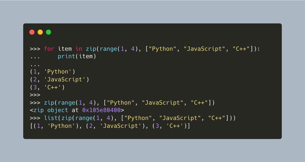 driscollis's tweet photo. #Python has lots of great built-in functions.

One of my favorites is `zip()`, which lets you zip two iterables together: https://t.co/mHJBvzCk37
