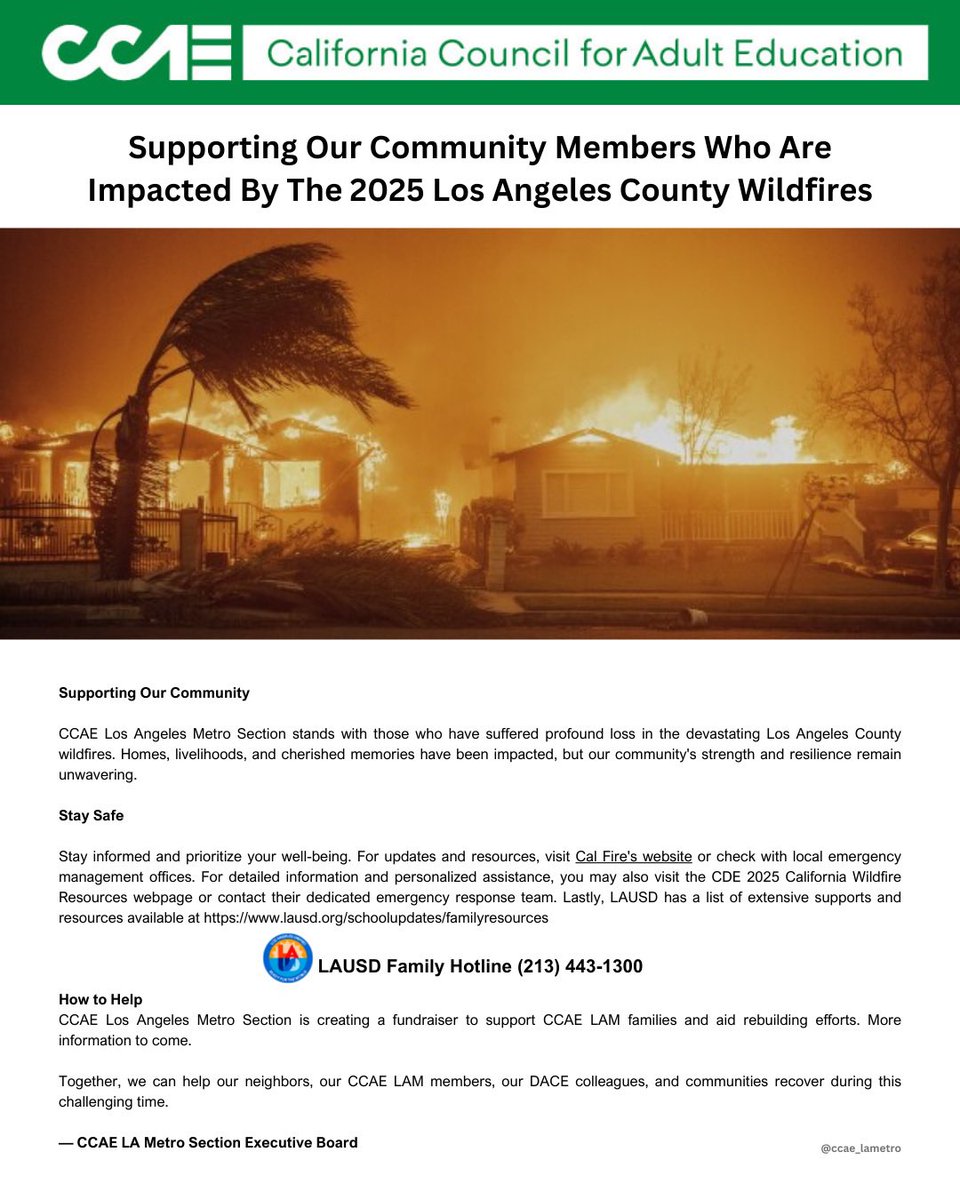 Supporting Our Community Members Impacted by the 2025 LA County Wildfires. 

✅ Stay informed.
💚 Fundraiser coming soon to support families &amp; rebuilding efforts.

#CaliforniaWildfires