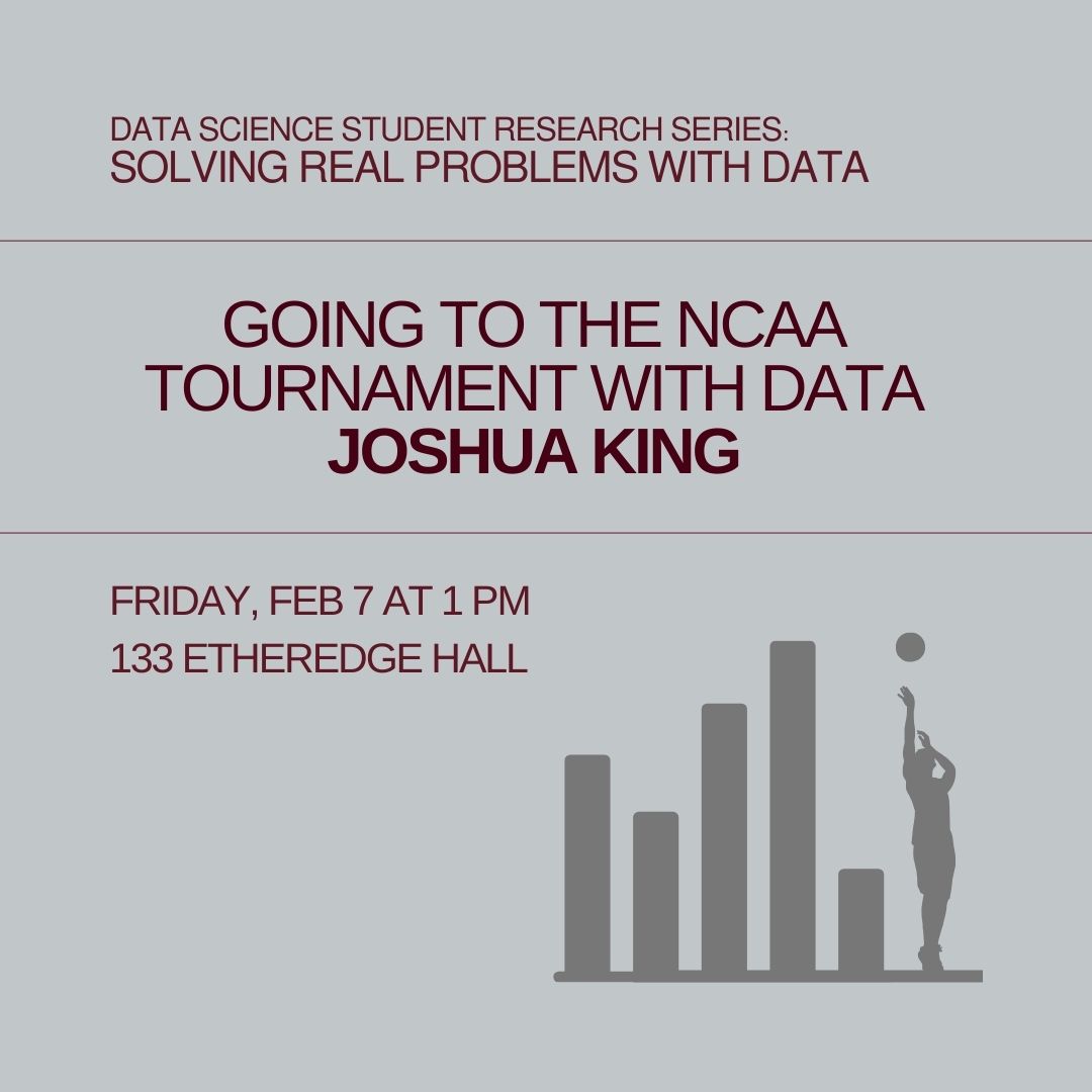 MsStateDataSci's tweet image. You're invited to the Data Science Student Research Series! Joshua King will be sharing about his recent project involving financial data for NCAA basketball. Any student can stop by and see how students are solving real problems with data!